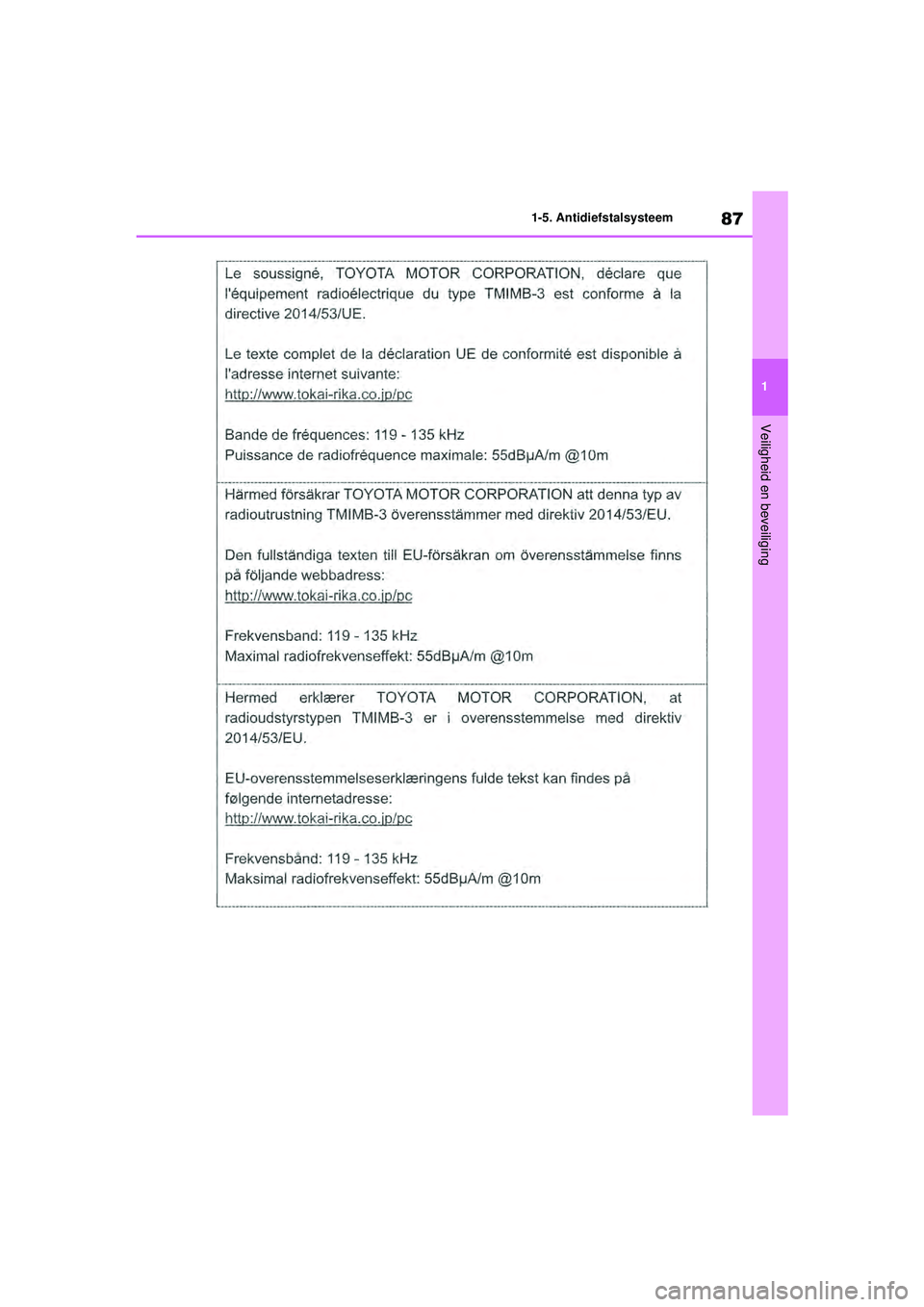 TOYOTA HIGHLANDER 2020  Instructieboekje (in Dutch) 87
1
1-5. Antidiefstalsysteem
Veiligheid en beveiliging
HIGHLANDER HV_EE
HIGHLANDER-HYBRID_OM_Europe_OM48G42E.book  Page 87  Thursday, September 3, 2020  8:42 AM 