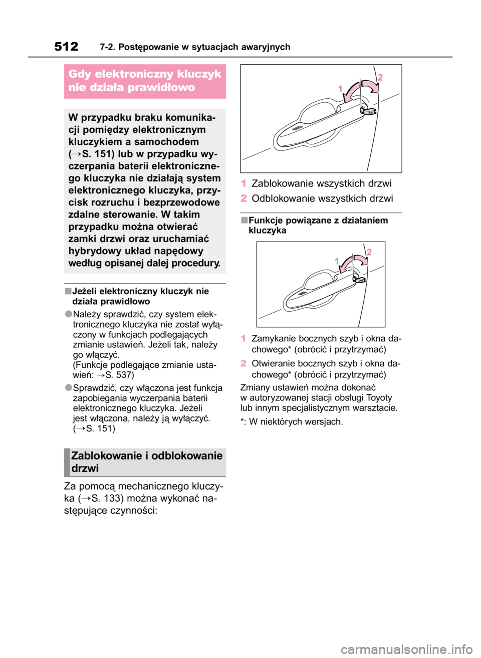 TOYOTA HIGHLANDER 2020 Instrukcja obsługi (in Polish) Je˝eli elektroniczny kluczyk nie
dzia∏a prawid∏owo
Nale˝y sprawdziç, czy system elek-
tronicznego kluczyka nie zosta∏ wy∏à-
czony w funkcjach podlegajàcych
zmianie ustawieƒ. Je˝eli tak, TOYOTA HIGHLANDER 2020 Instrukcja obsługi (in Polish) Je˝eli elektroniczny kluczyk nie
dzia∏a prawid∏owo
Nale˝y sprawdziç, czy system elek-
tronicznego kluczyka nie zosta∏ wy∏à-
czony w funkcjach podlegajàcych
zmianie ustawieƒ. Je˝eli tak,
