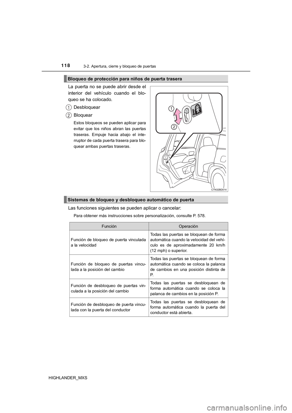 TOYOTA HIGHLANDER 2019 Manual del propietario (in Spanish) 1183-2. Apertura, cierre y bloqueo de puertas
HIGHLANDER_MXS
La puerta no se puede abrir desde el
interior del vehículo cuando el blo-
queo se ha colocado.Desbloquear
Bloquear
Estos bloqu TOYOTA HIGHLANDER 2019 Manual del propietario (in Spanish) 1183-2. Apertura, cierre y bloqueo de puertas
HIGHLANDER_MXS
La puerta no se puede abrir desde el
interior del vehículo cuando el blo-
queo se ha colocado.Desbloquear
Bloquear
Estos bloqu