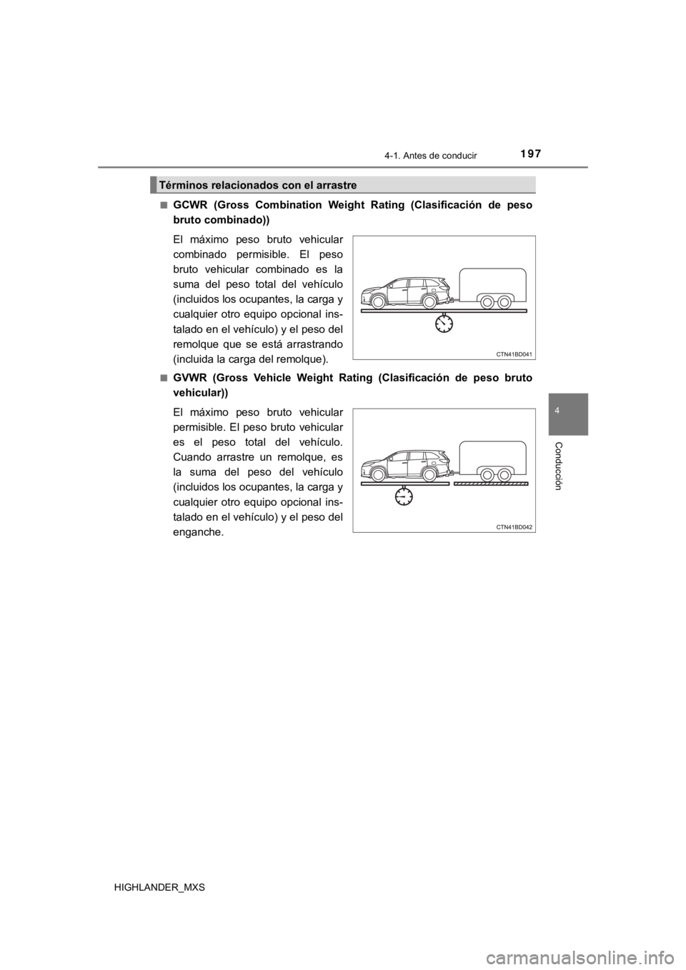 TOYOTA HIGHLANDER 2019  Manual del propietario (in Spanish) 1974-1. Antes de conducir
4
Conducción
HIGHLANDER_MXS■
GCWR  (Gross  Combination  Weight  Rating  (Clasificación  de  peso
bruto combinado))
El  máximo  peso  bruto  vehicular
combinado  permisib