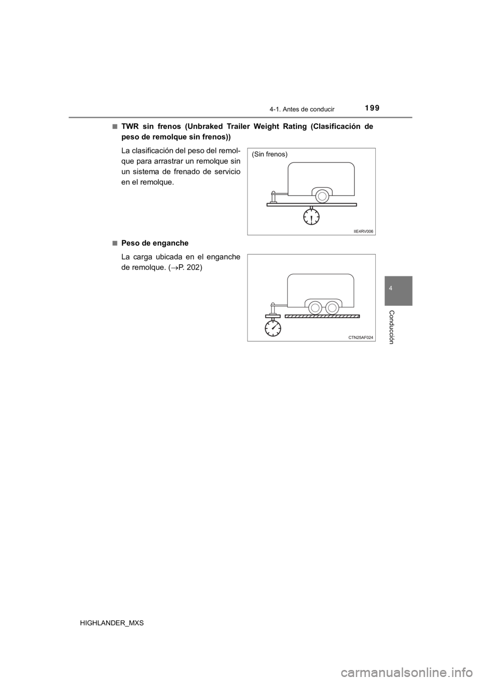 TOYOTA HIGHLANDER 2019  Manual del propietario (in Spanish) 1994-1. Antes de conducir
4
Conducción
HIGHLANDER_MXS■
TWR  sin  frenos  (Unbraked  Trailer  Weight  Rating  (Clasificación  d
e
peso de remolque sin frenos))
La clasificación del peso del remol-