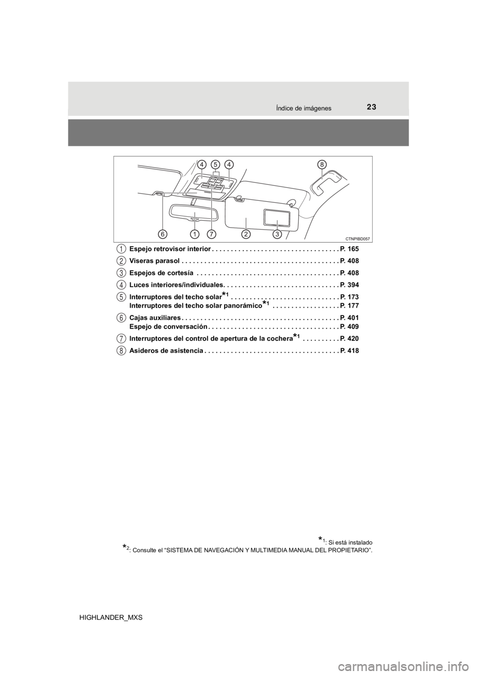 TOYOTA HIGHLANDER 2019 Manual del propietario (in Spanish) 23Índice de imágenes
HIGHLANDER_MXSEspejo retrovisor interior . . . . . . . . . . . . . . . . . . .
. . . . . . . . . . . . . . . P. 165
Viseras parasol . . . . . . . . . . . . . . . . . . . . . . TOYOTA HIGHLANDER 2019 Manual del propietario (in Spanish) 23Índice de imágenes
HIGHLANDER_MXSEspejo retrovisor interior . . . . . . . . . . . . . . . . . . .
. . . . . . . . . . . . . . . P. 165
Viseras parasol . . . . . . . . . . . . . . . . . . . . . .