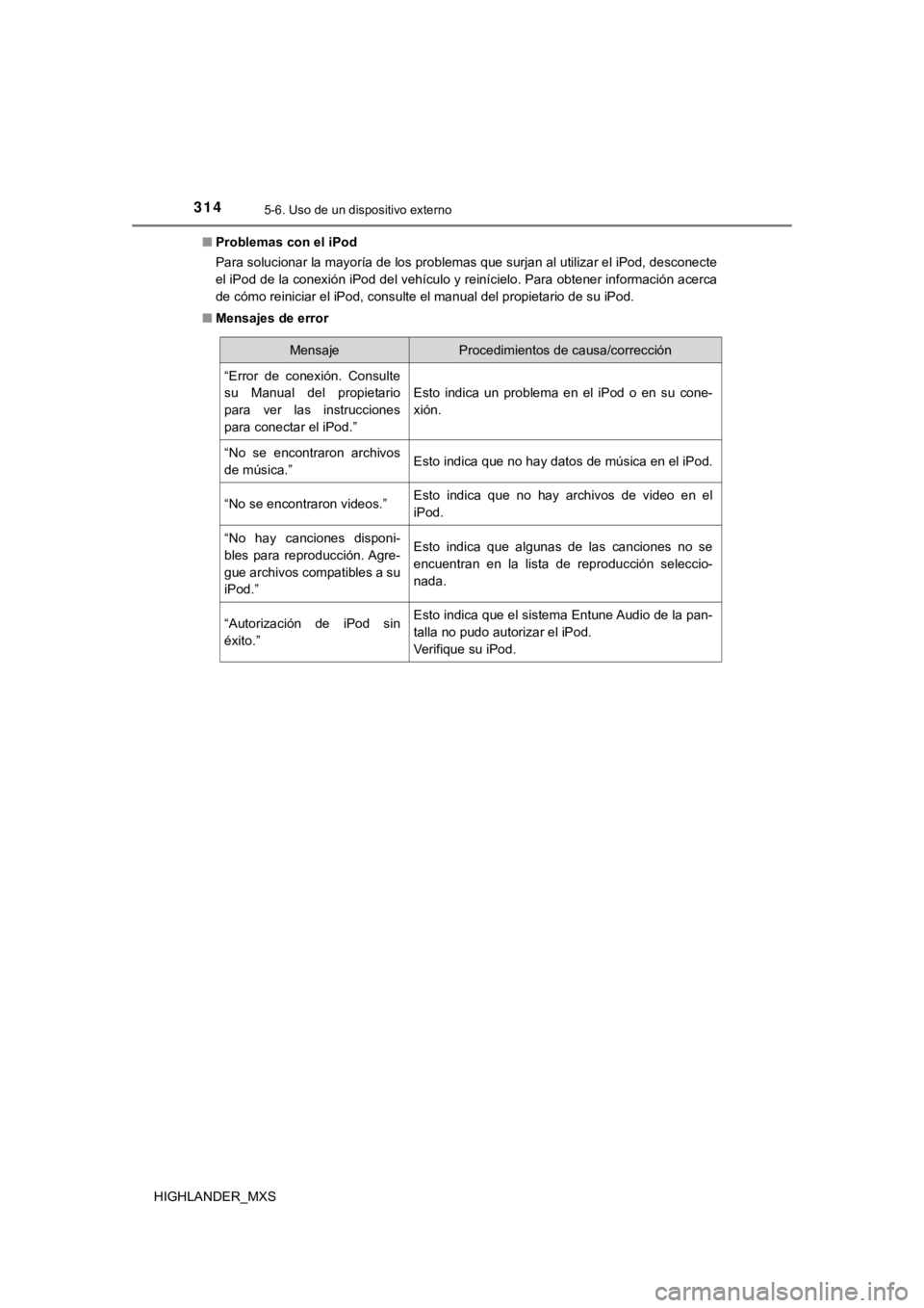 TOYOTA HIGHLANDER 2019 Manual del propietario (in Spanish) 3145-6. Uso de un dispositivo externo
HIGHLANDER_MXS■
Problemas con el iPod
Para solucionar la mayoría de los problemas que surjan al utilizar el iPod, desconecte
el iPod de la conexión iPod del v TOYOTA HIGHLANDER 2019 Manual del propietario (in Spanish) 3145-6. Uso de un dispositivo externo
HIGHLANDER_MXS■
Problemas con el iPod
Para solucionar la mayoría de los problemas que surjan al utilizar el iPod, desconecte
el iPod de la conexión iPod del v