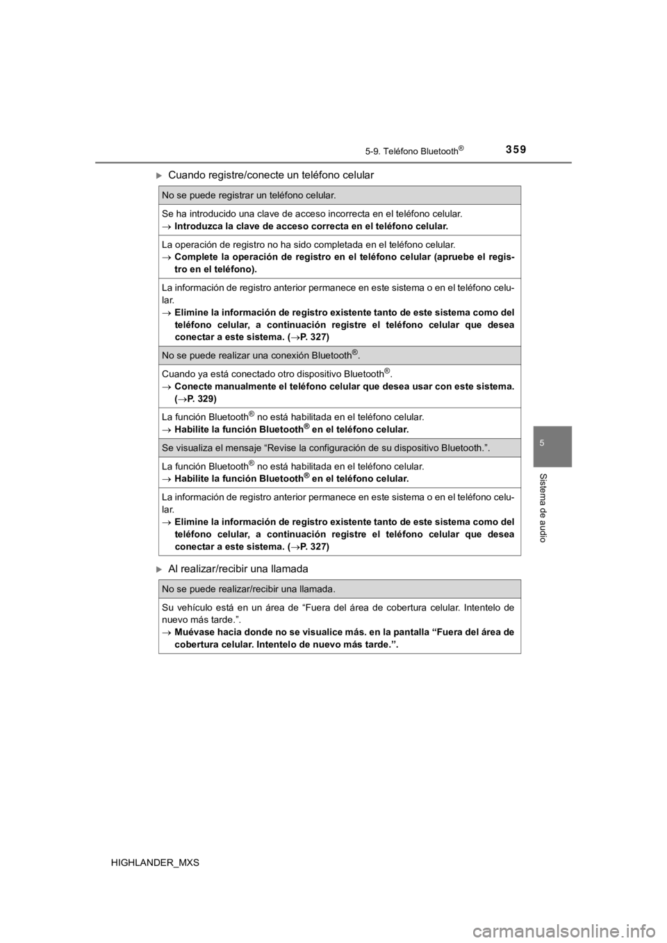 TOYOTA HIGHLANDER 2019 Manual del propietario (in Spanish) 3595-9. Teléfono Bluetooth®
5
Sistema de audio
HIGHLANDER_MXS
Cuando registre/conecte un teléfono celular
Al realizar/recibir una llamada
No se puede registrar un teléfono celular.
Se ha int TOYOTA HIGHLANDER 2019 Manual del propietario (in Spanish) 3595-9. Teléfono Bluetooth®
5
Sistema de audio
HIGHLANDER_MXS
Cuando registre/conecte un teléfono celular
Al realizar/recibir una llamada
No se puede registrar un teléfono celular.
Se ha int