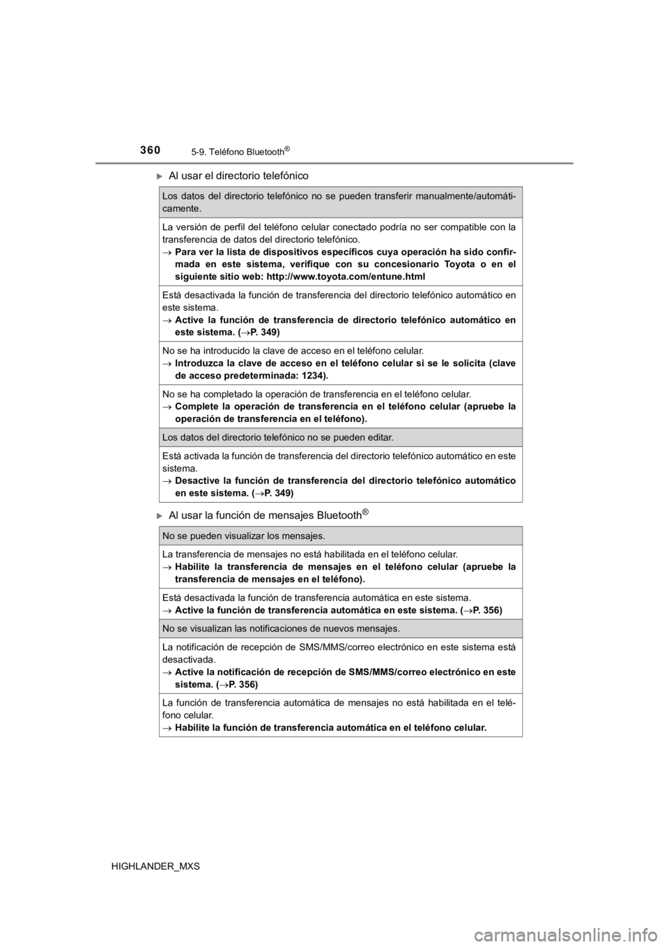 TOYOTA HIGHLANDER 2019 Manual del propietario (in Spanish) 3605-9. Teléfono Bluetooth®
HIGHLANDER_MXS
Al usar el directorio telefónico
Al usar la función de mensajes Bluetooth®
Los datos del directorio telefónico no se pueden transferir m TOYOTA HIGHLANDER 2019 Manual del propietario (in Spanish) 3605-9. Teléfono Bluetooth®
HIGHLANDER_MXS
Al usar el directorio telefónico
Al usar la función de mensajes Bluetooth®
Los datos del directorio telefónico no se pueden transferir m