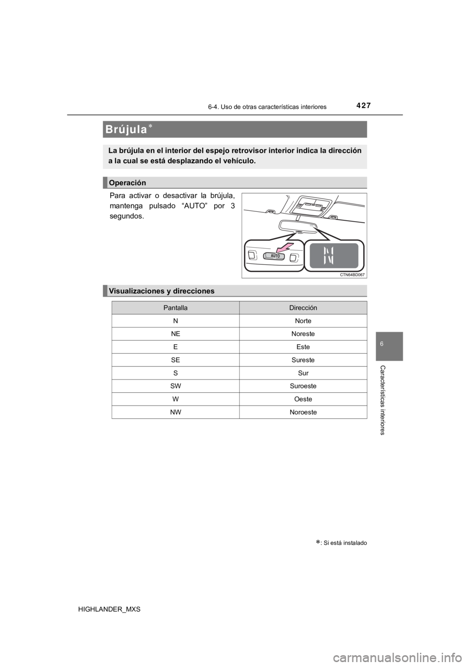 TOYOTA HIGHLANDER 2019  Manual del propietario (in Spanish) 4276-4. Uso de otras características interiores
6
Características interiores
HIGHLANDER_MXS
Para  activar  o  desactivar  la  brújula,
mantenga  pulsado  “AUTO”  por  3
segundos.
Brújula
