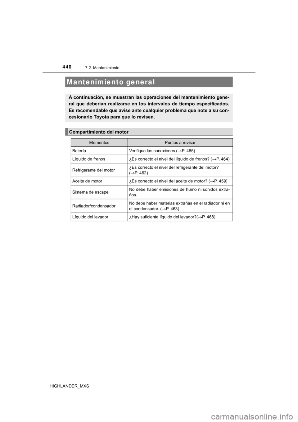 TOYOTA HIGHLANDER 2019  Manual del propietario (in Spanish) 4407-2. Mantenimiento
HIGHLANDER_MXS
Mantenimiento general
A continuación, se muestran las operaciones del mantenimiento gene-
ral  que  deberían  realizarse  en  los  intervalos  de  tiempo  especi
