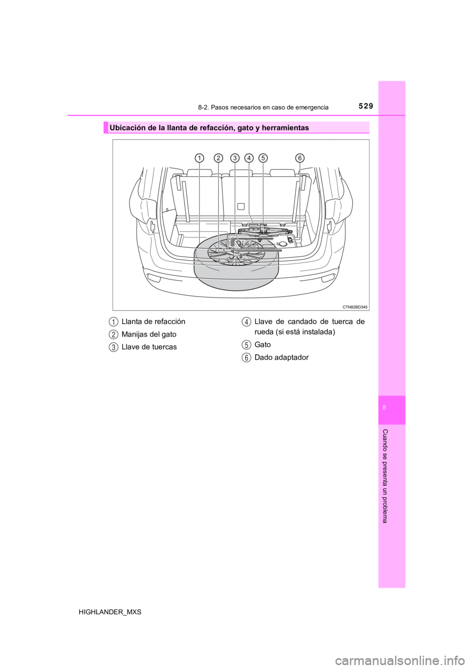 TOYOTA HIGHLANDER 2019  Manual del propietario (in Spanish) 5298-2. Pasos necesarios en caso de emergencia
8
Cuando se presenta un problema
HIGHLANDER_MXS
Ubicación de la llanta de refacción, gato y herramientas
Llanta de refacción
Manijas del gato
Llave de