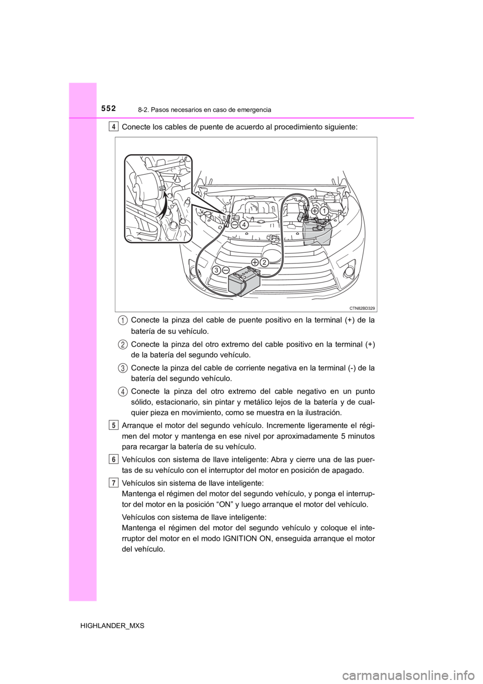 TOYOTA HIGHLANDER 2019 Manual del propietario (in Spanish) 5528-2. Pasos necesarios en caso de emergencia
HIGHLANDER_MXS
Conecte los cables de puente de acuerdo al procedimiento siguiente:
Conecte la pinza del cable de puente positivo en la terminal TOYOTA HIGHLANDER 2019 Manual del propietario (in Spanish) 5528-2. Pasos necesarios en caso de emergencia
HIGHLANDER_MXS
Conecte los cables de puente de acuerdo al procedimiento siguiente:
Conecte la pinza del cable de puente positivo en la terminal