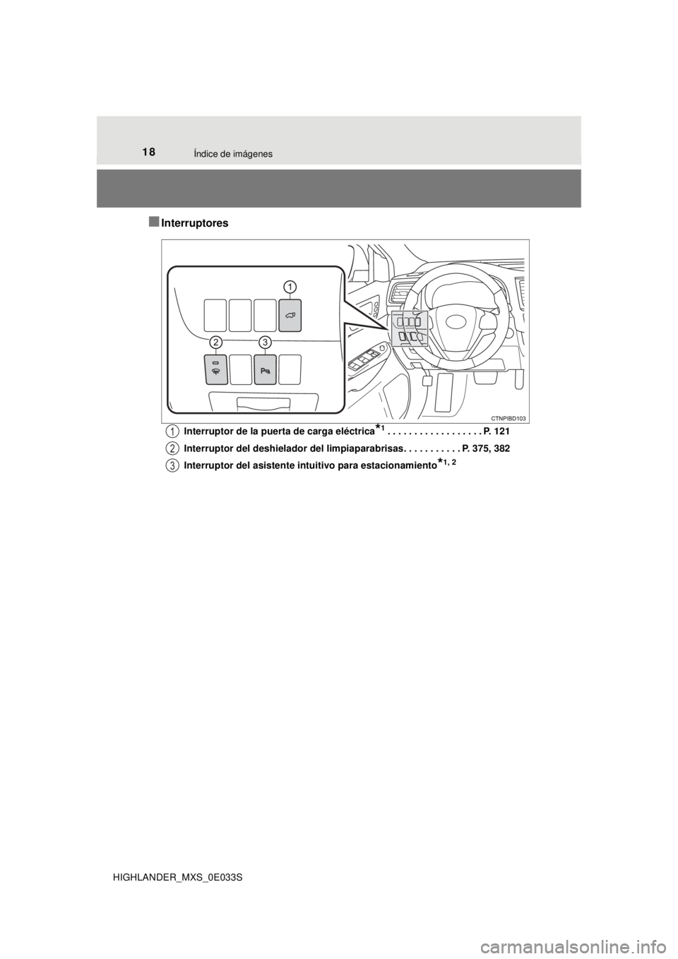 TOYOTA HIGHLANDER 2018  Manual del propietario (in Spanish) 18Índice de imágenes
HIGHLANDER_MXS_0E033S
■Interruptores
Interruptor de la puerta de carga eléctrica*1. . . . . . . . . . . . . . . . . . P. 121
Interruptor del deshielador del limpiaparabrisas.