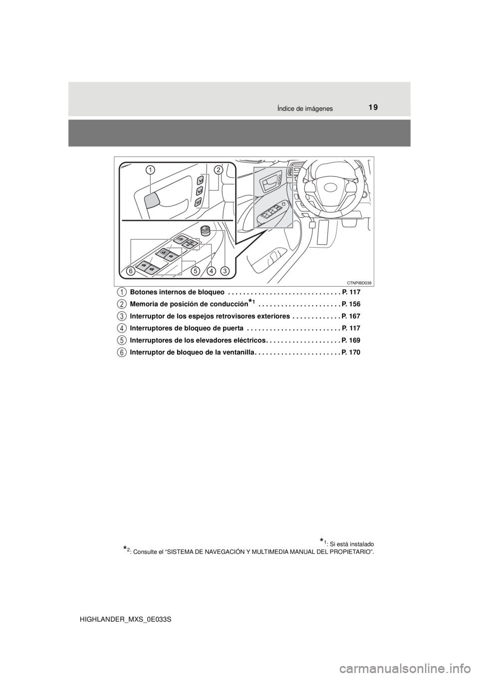 TOYOTA HIGHLANDER 2018  Manual del propietario (in Spanish) 19Índice de imágenes
HIGHLANDER_MXS_0E033SBotones internos de bloqueo  . . . . . . . . . . . . . . . . . . . . . . . . . . . . . . P. 117
Memoria de posición de conducción
*1 . . . . . . . . . . .