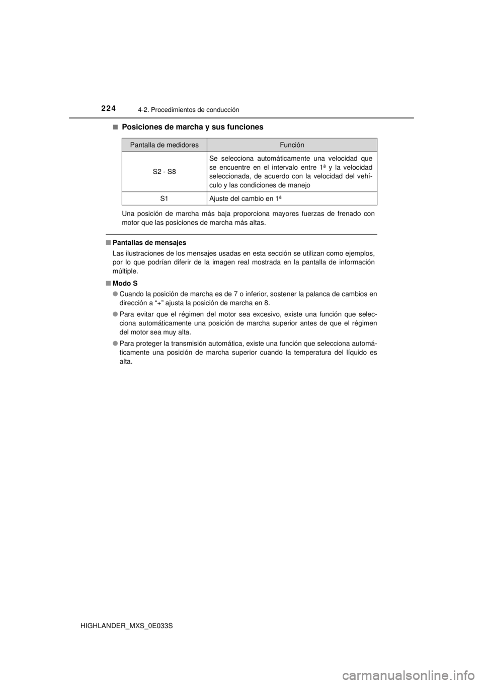 TOYOTA HIGHLANDER 2018 Manual del propietario (in Spanish) 2244-2. Procedimientos de conducción
HIGHLANDER_MXS_0E033S■
Posiciones de marcha y sus funciones
Una posición de marcha más baja proporciona mayores fuerzas de frenado con
motor que las posicione TOYOTA HIGHLANDER 2018 Manual del propietario (in Spanish) 2244-2. Procedimientos de conducción
HIGHLANDER_MXS_0E033S■
Posiciones de marcha y sus funciones
Una posición de marcha más baja proporciona mayores fuerzas de frenado con
motor que las posicione
