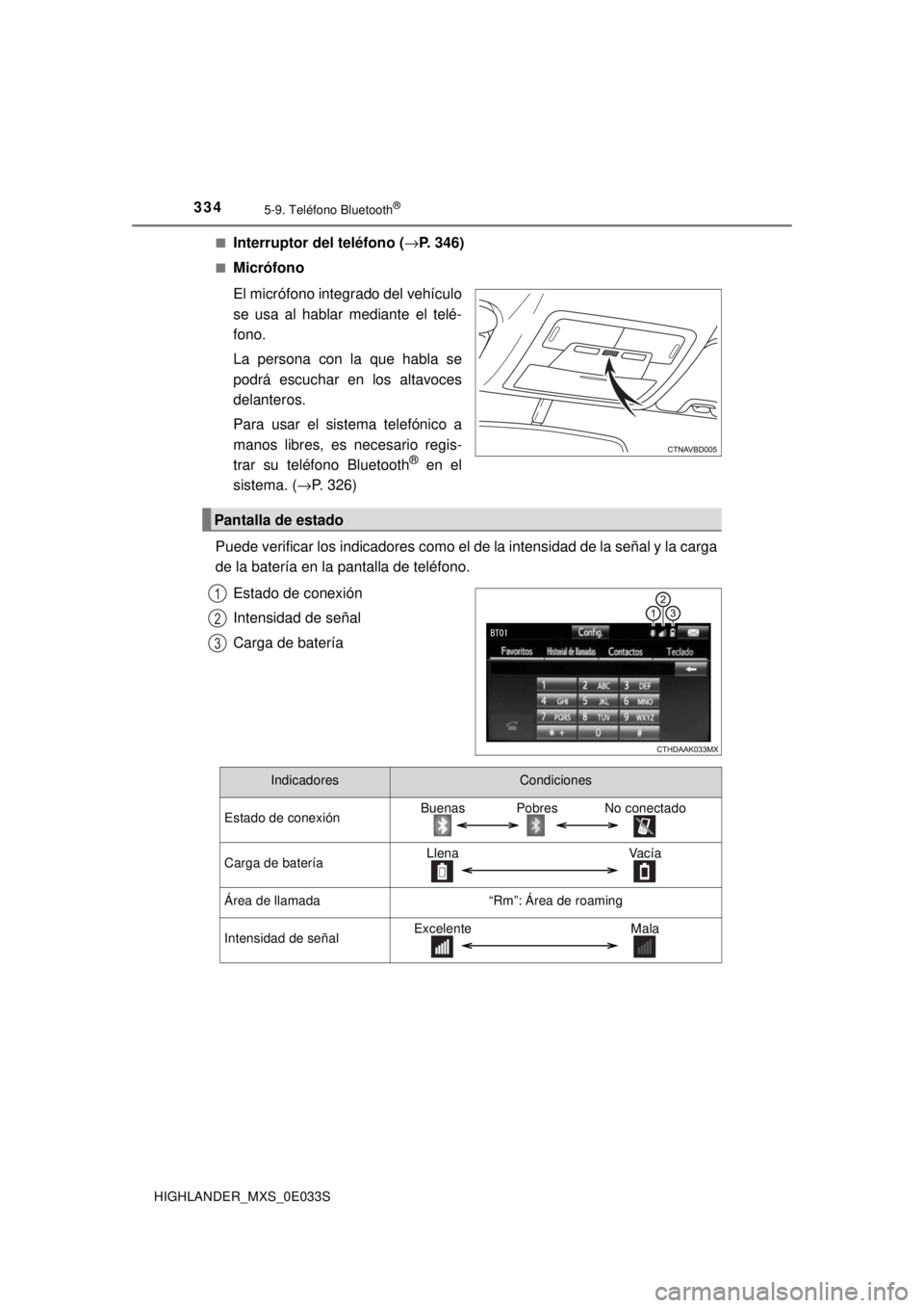 TOYOTA HIGHLANDER 2018  Manual del propietario (in Spanish) 3345-9. Teléfono Bluetooth®
HIGHLANDER_MXS_0E033S■
Interruptor del teléfono (
→P. 346)
■Micrófono
El micrófono integrado del vehículo
se usa al hablar mediante el telé-
fono.
La persona c