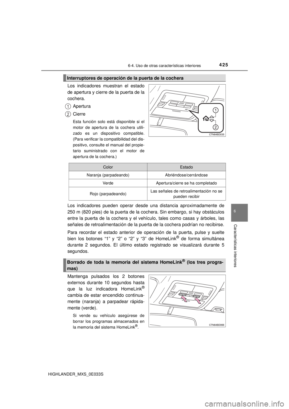 TOYOTA HIGHLANDER 2018  Manual del propietario (in Spanish) 4256-4. Uso de otras características interiores
6
Características interiores
HIGHLANDER_MXS_0E033S
Los indicadores muestran el estado
de apertura y cierre de la puerta de la
cochera.Apertura
Cierre
