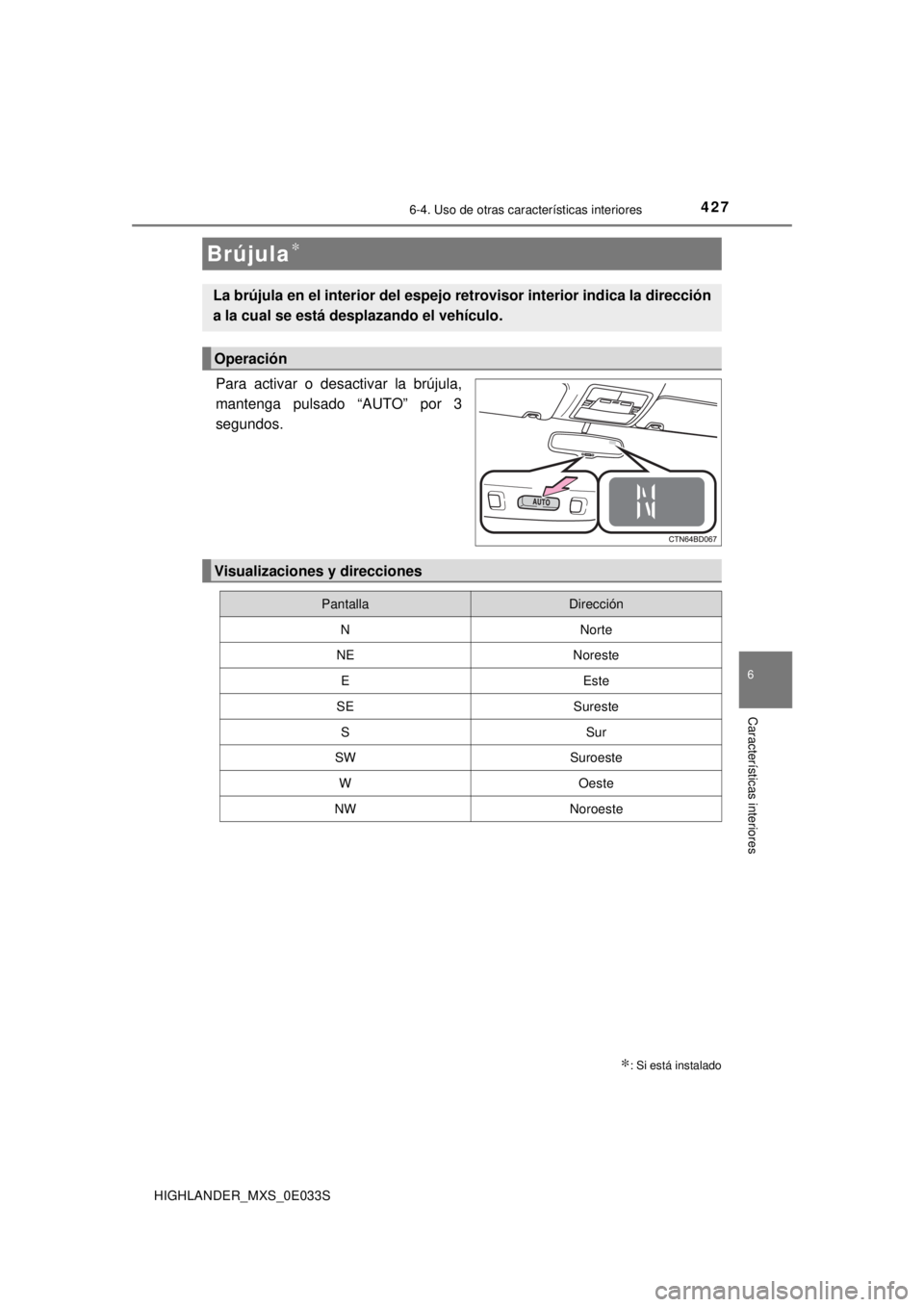 TOYOTA HIGHLANDER 2018  Manual del propietario (in Spanish) 4276-4. Uso de otras características interiores
6
Características interiores
HIGHLANDER_MXS_0E033S
Para activar o desactivar la brújula,
mantenga pulsado “AUTO” por 3
segundos.
Brújula∗
∗: