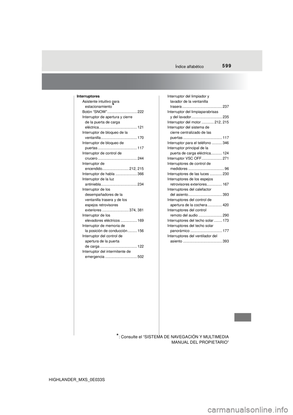 TOYOTA HIGHLANDER 2018 Manual del propietario (in Spanish) 599Índice alfabético
HIGHLANDER_MXS_0E033S
InterruptoresAsistente intuitivo para estacionamiento
*
Botón “SNOW” ............................. 222
Interruptor de apertura y cierre de la puerta d TOYOTA HIGHLANDER 2018 Manual del propietario (in Spanish) 599Índice alfabético
HIGHLANDER_MXS_0E033S
InterruptoresAsistente intuitivo para estacionamiento
*
Botón “SNOW” ............................. 222
Interruptor de apertura y cierre de la puerta d