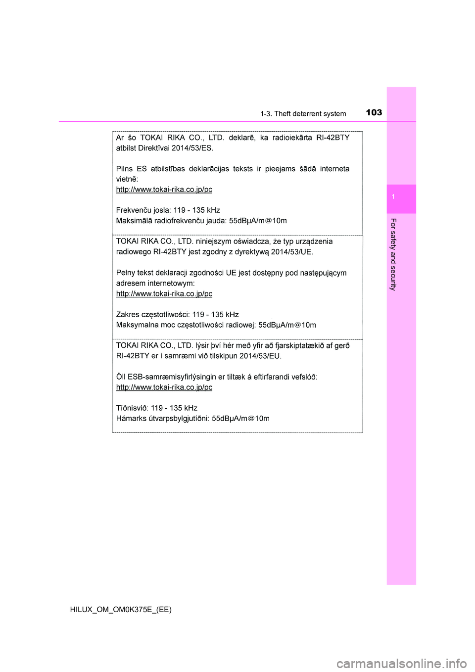 TOYOTA HILUX 2019  Owners Manual 1031-3. Theft deterrent system
1
HILUX_OM_OM0K375E_(EE)
For safety and security 