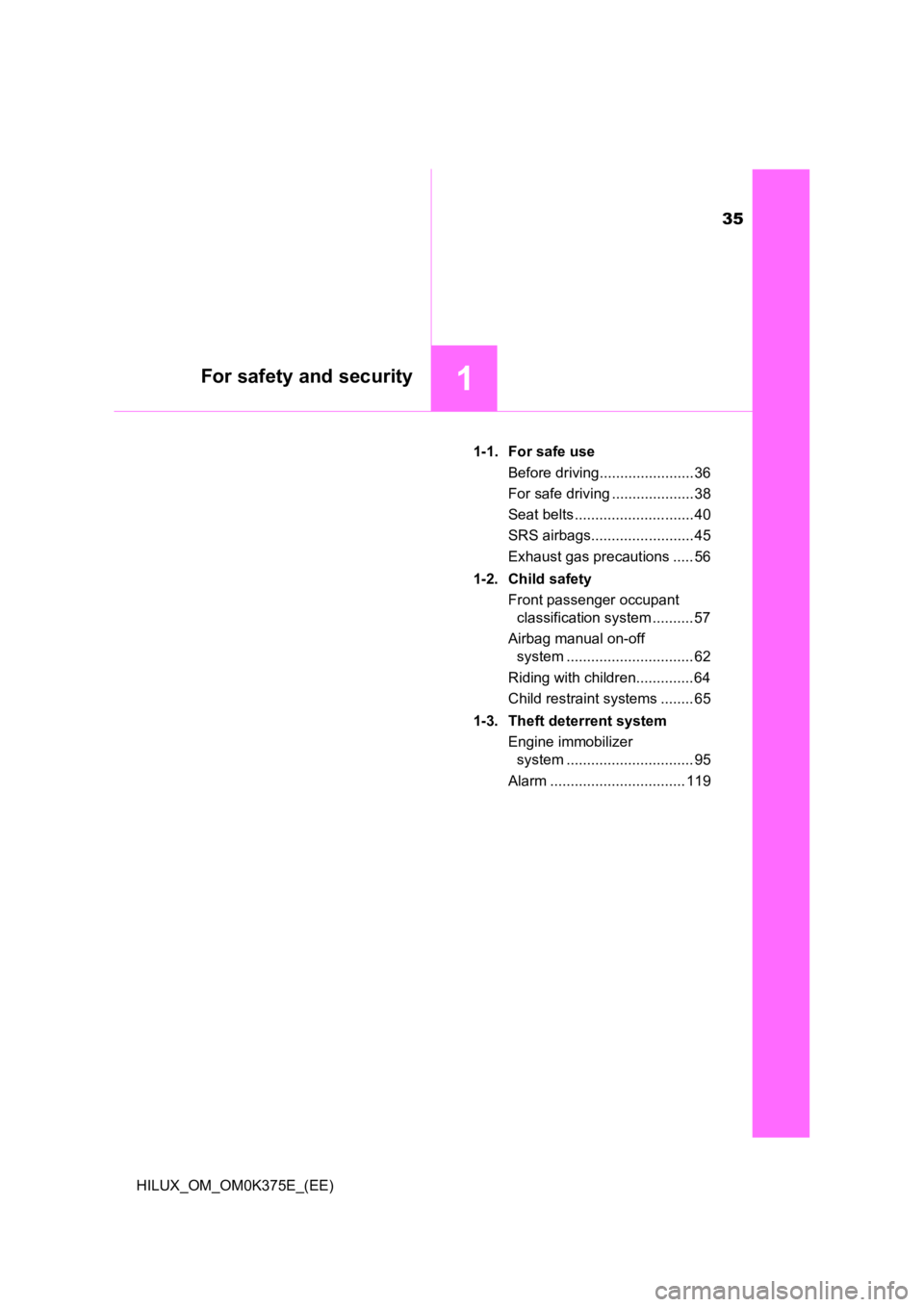 TOYOTA HILUX 2019  Owners Manual 35
1For safety and security
HILUX_OM_OM0K375E_(EE) 
1-1. For safe use 
Before driving....................... 36 
For safe driving .................... 38 
Seat belts ............................. 40 
