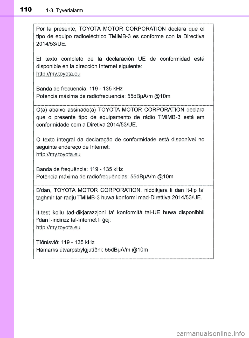 TOYOTA HILUX 2019  Brugsanvisning (in Danish) 1101-3. Tyverialarm
Hilux OM0K375DK
OM0K375DK.book  Page 110  Monday, June 11, 2018  3:23 PM 