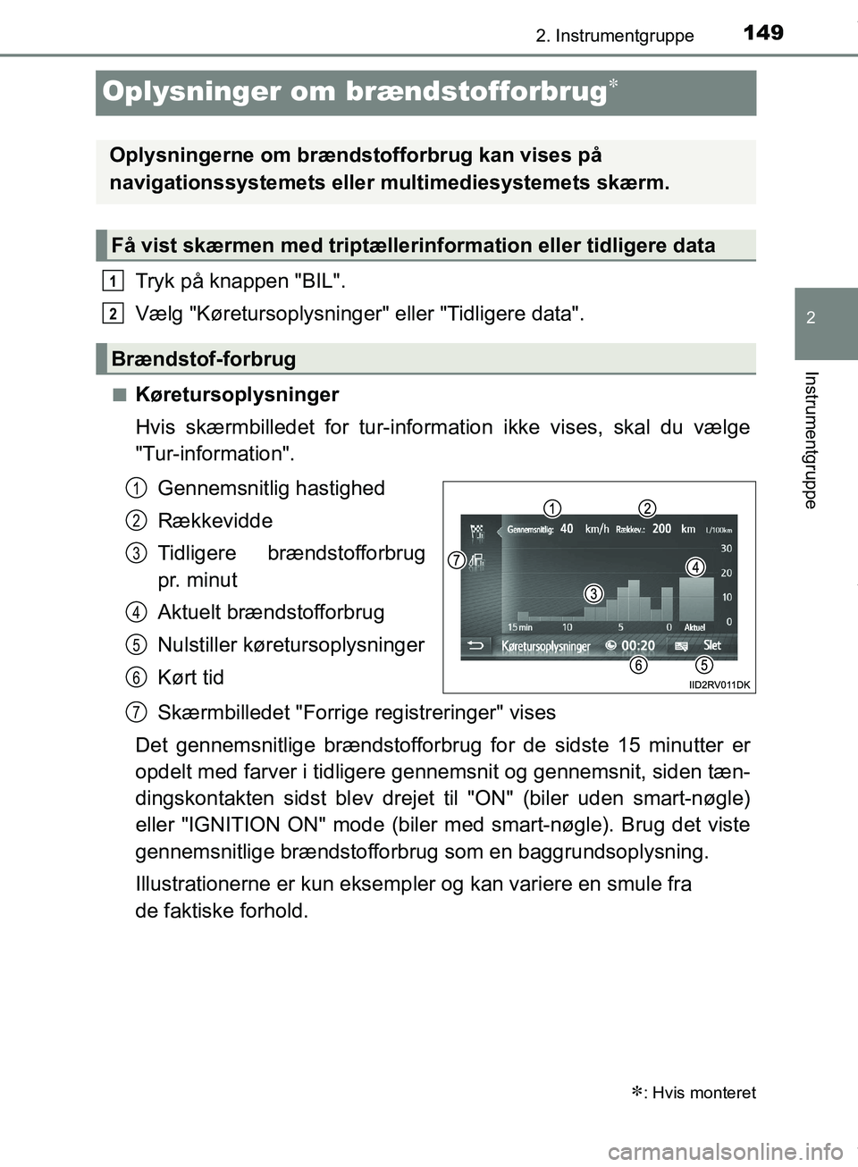 TOYOTA HILUX 2019  Brugsanvisning (in Danish) 149
2
2. Instrumentgruppe
Instrumentgruppe
Hilux OM0K375DK
Oplysninger om brændstofforbrug
Tryk på knappen "BIL".
Vælg "Køretursoplysninger" eller "Tidligere data".
nKøretursoplysninger
Hvis s