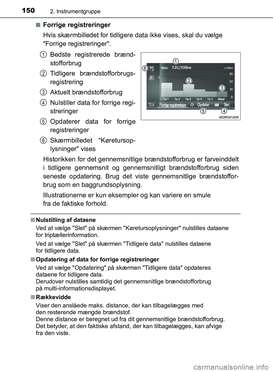 TOYOTA HILUX 2019  Brugsanvisning (in Danish) 1502. Instrumentgruppe
Hilux OM0K375DKn
Forrige registreringer
Hvis skærmbilledet for tidligere 
data ikke vises, skal du vælge 
"Forrige registreringer".
Bedste registrerede brænd-
stofforbrug
Tid