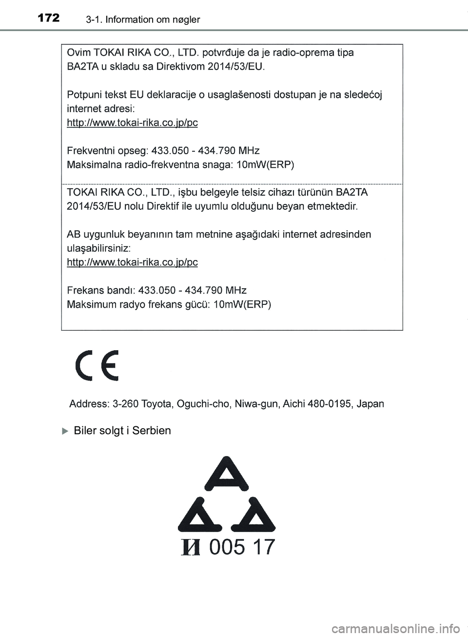 TOYOTA HILUX 2019  Brugsanvisning (in Danish) 1723-1. Information om nøgler
Hilux OM0K375DK
Biler solgt i Serbien
OM0K375DK.book  Page 172  Monday, June 11, 2018  3:23 PM 
