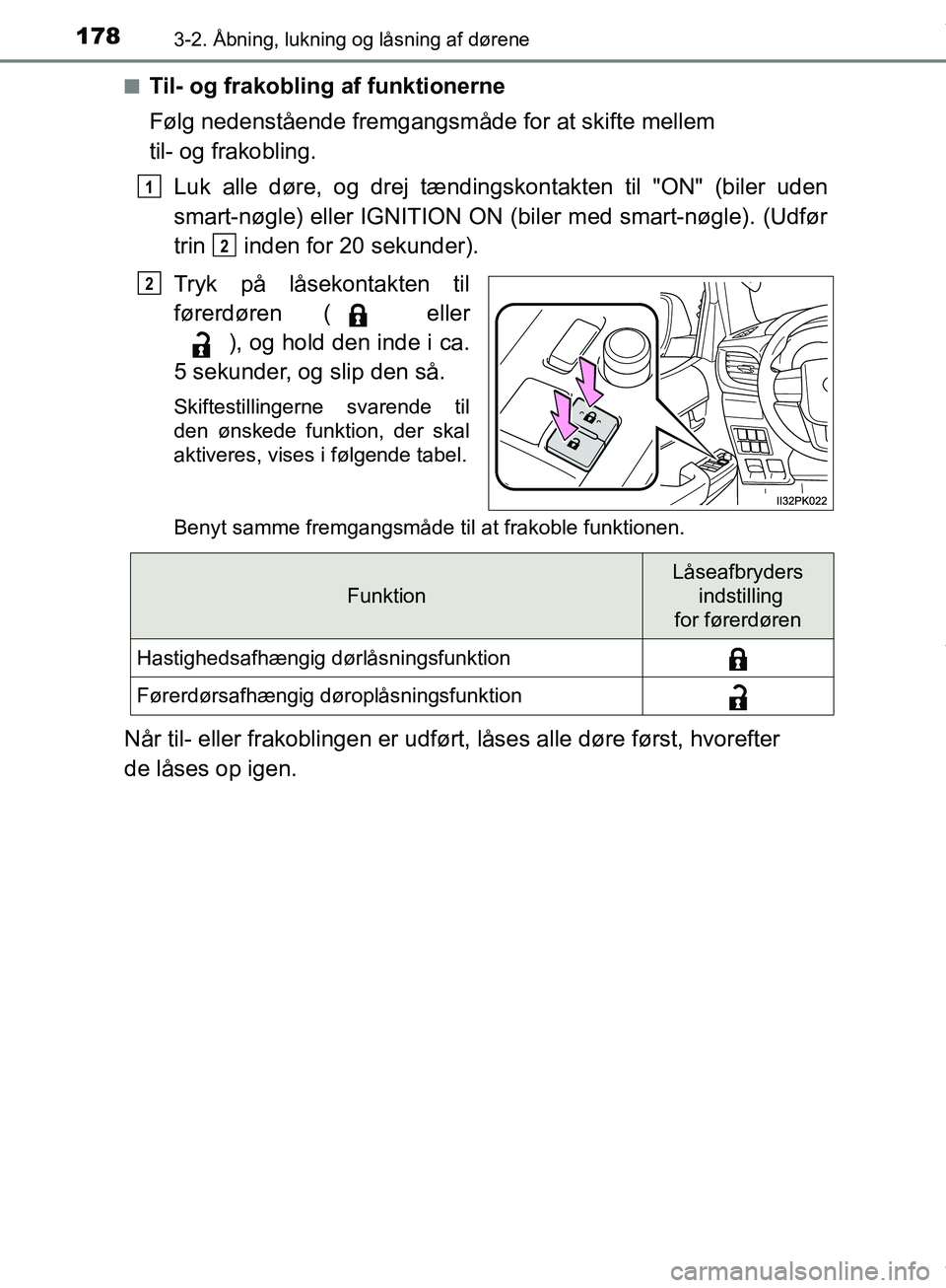 TOYOTA HILUX 2019  Brugsanvisning (in Danish) 1783-2. Åbning, lukning og låsning af dørene
Hilux OM0K375DKn
Til- og frakobling af funktionerne
Følg nedenstående fremgangsmåde for at skifte mellem 
til- og frakobling.
Luk alle døre, og drej