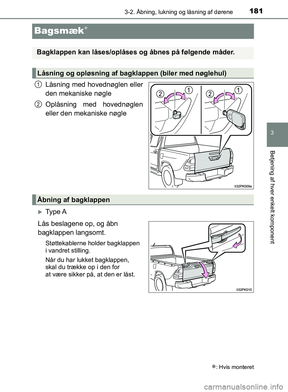 TOYOTA HILUX 2019  Brugsanvisning (in Danish) 181
3
3-2. Åbning, lukning og låsning af dørene
Betjening af hver enkelt komponent
Hilux OM0K375DK
Bagsmæk
Låsning med hovednøglen eller
den mekaniske nøgle
Oplåsning med hovednøglen
eller