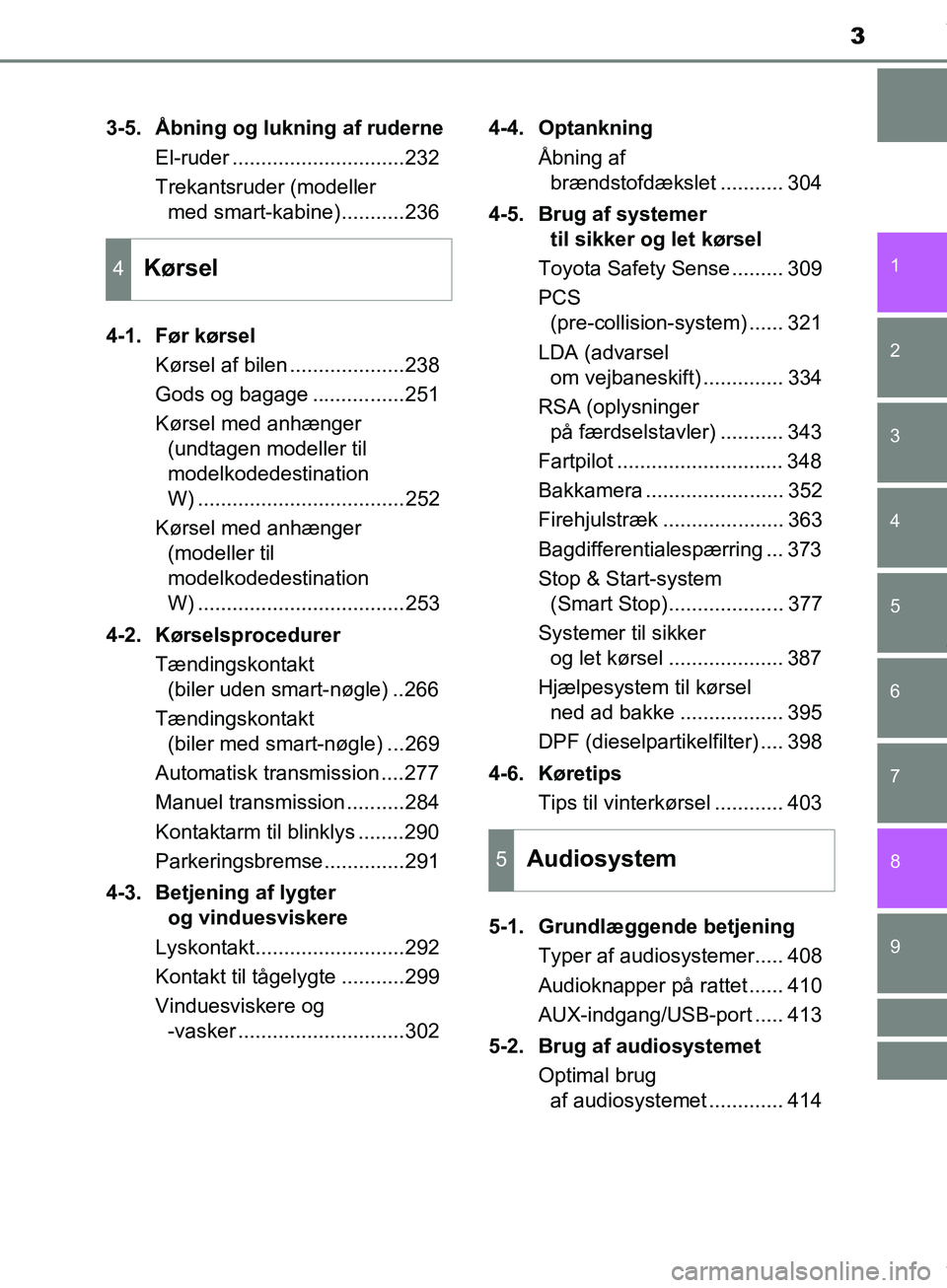 TOYOTA HILUX 2019  Brugsanvisning (in Danish) 3
1
9 8 6 5
4
3
2
Hilux OM0K375DK
7
3-5. Åbning og lukning af ruderneEl-ruder ..............................232
Trekantsruder (modeller med smart-kabine)...........236
4-1. Før kørsel Kørsel af bi