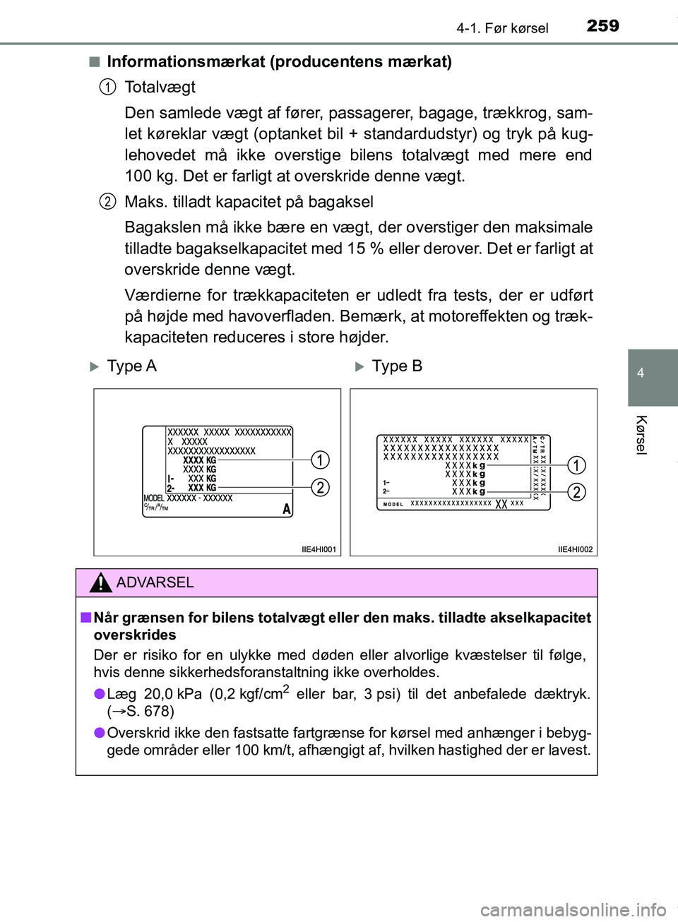 TOYOTA HILUX 2019 Brugsanvisning (in Danish) 2594-1. Før kørsel
4
Kørsel
Hilux OM0K375DKn
Informationsmærkat (producentens mærkat)
Totalvægt
Den samlede vægt af fører, passagerer, bagage, trækkrog, sam-
let køreklar vægt (optanket bil TOYOTA HILUX 2019 Brugsanvisning (in Danish) 2594-1. Før kørsel
4
Kørsel
Hilux OM0K375DKn
Informationsmærkat (producentens mærkat)
Totalvægt
Den samlede vægt af fører, passagerer, bagage, trækkrog, sam-
let køreklar vægt (optanket bil