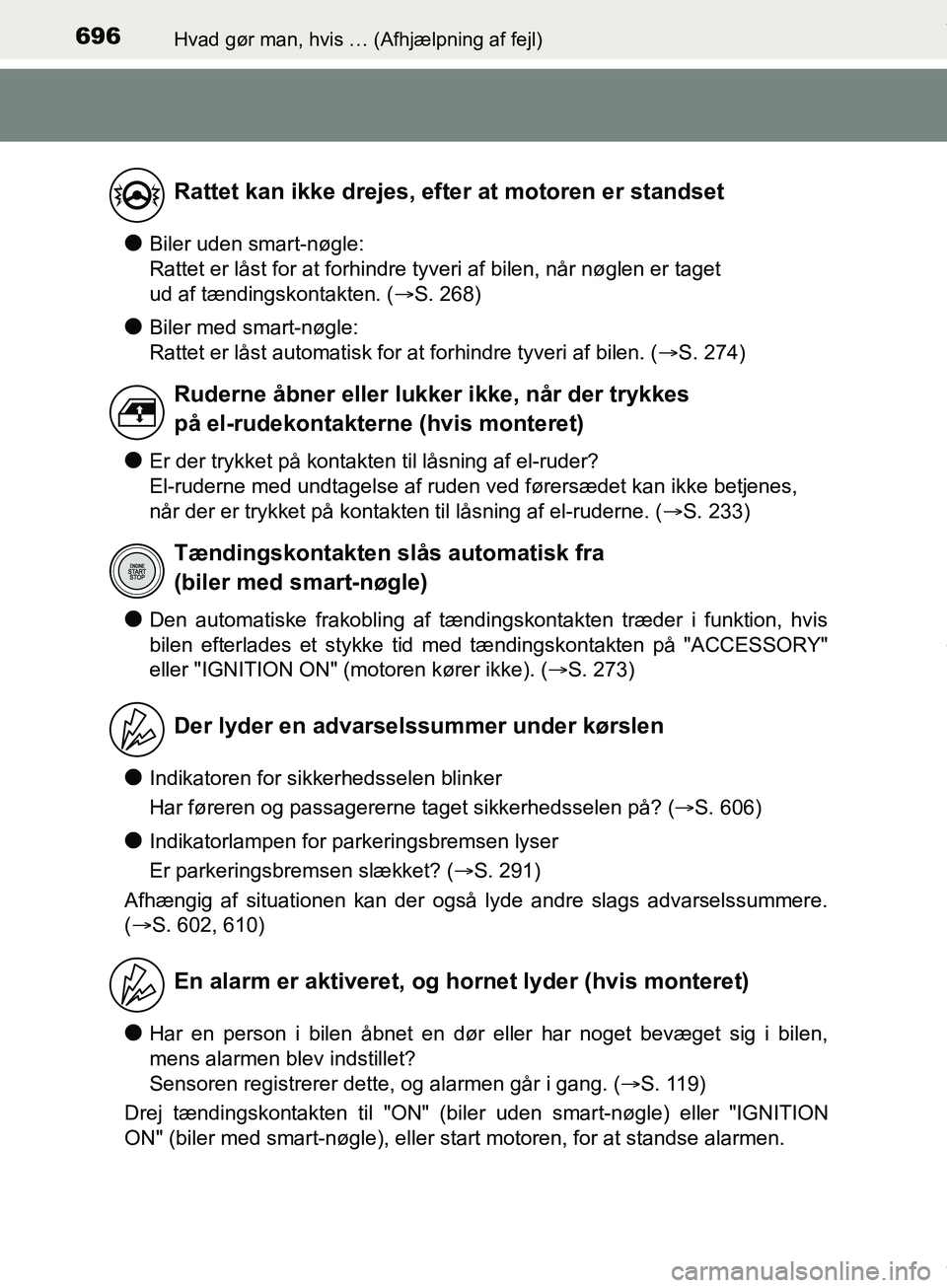 TOYOTA HILUX 2019 Brugsanvisning (in Danish) 696Hvad gør man, hvis … (Afhjælpning af fejl)
Hilux OM0K375DK
lBiler uden smart-nøgle:
Rattet er låst for at forhindre tyveri af bilen, når nøglen er taget
ud af tændingskontakten. (S. 26 TOYOTA HILUX 2019 Brugsanvisning (in Danish) 696Hvad gør man, hvis … (Afhjælpning af fejl)
Hilux OM0K375DK
lBiler uden smart-nøgle:
Rattet er låst for at forhindre tyveri af bilen, når nøglen er taget
ud af tændingskontakten. (S. 26