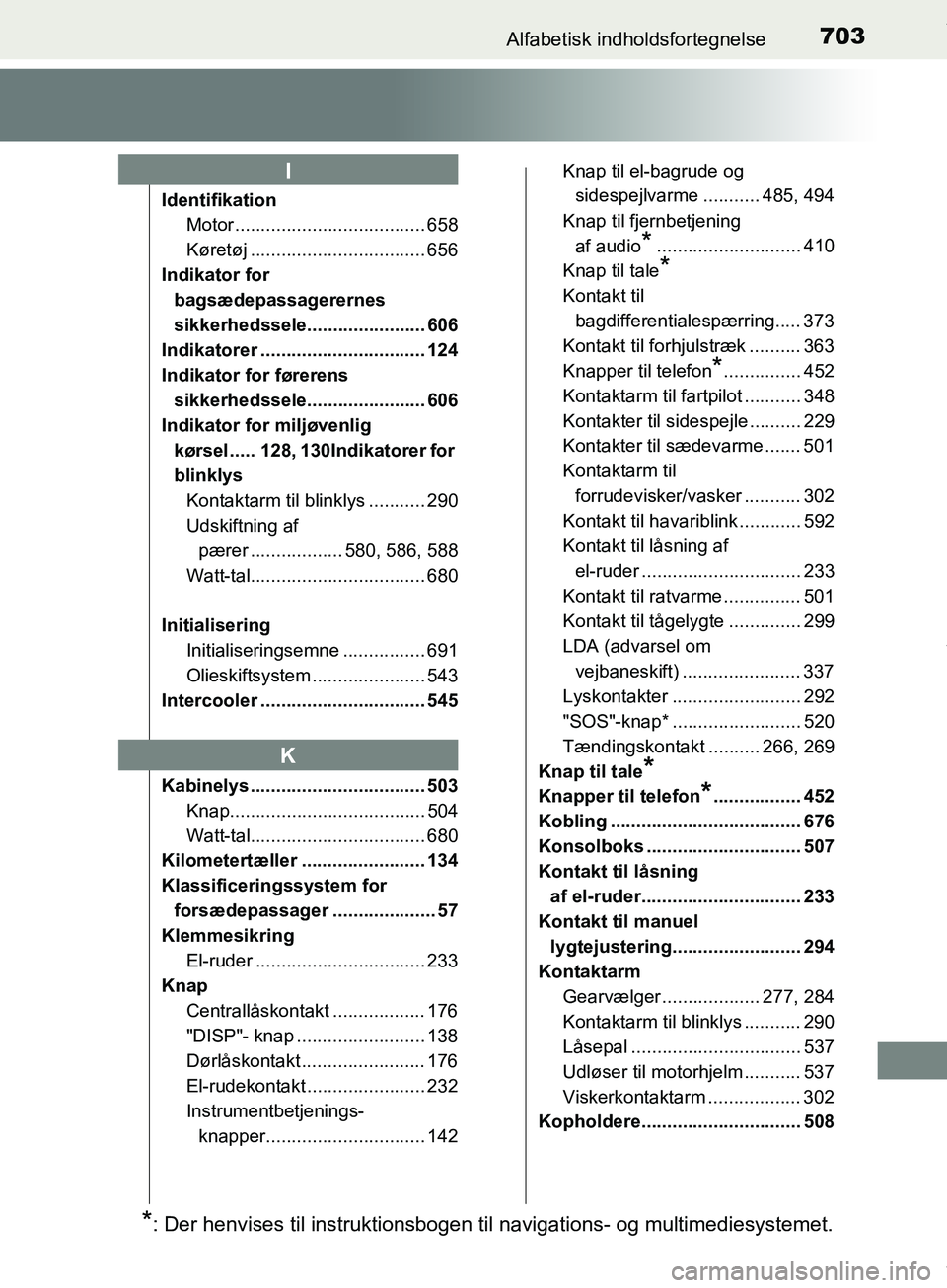 TOYOTA HILUX 2019  Brugsanvisning (in Danish) 703Alfabetisk indholdsfortegnelse
Hilux OM0K375DK
IdentifikationMotor ..................................... 658
Køretøj .................................. 656
Indikator for  bagsædepassagerernes 
s