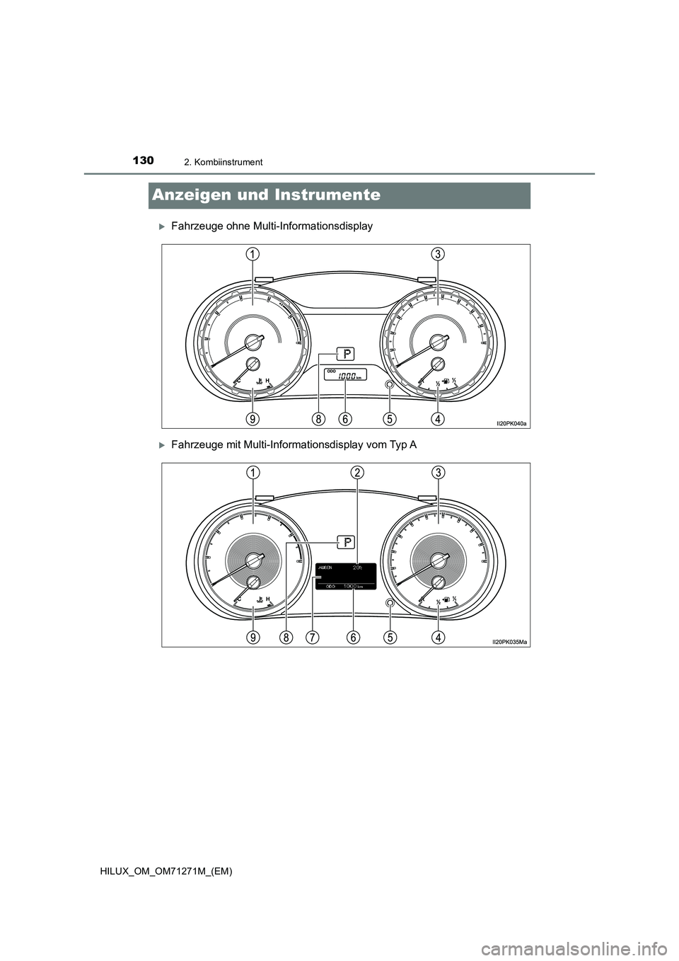 TOYOTA HILUX 2019  Betriebsanleitungen (in German) 1302. Kombiinstrument
HILUX_OM_OM71271M_(EM)
Anzeigen und Instrumente
Fahrzeuge ohne Multi-Informationsdisplay
Fahrzeuge mit Multi-Informationsdisplay vom Typ A 