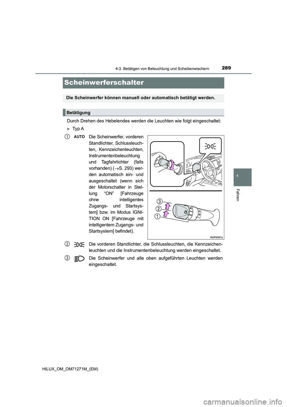 TOYOTA HILUX 2019  Betriebsanleitungen (in German) 289
4
4-3. Betätigen von Beleuchtung und Scheibenwischern
Fahren
HILUX_OM_OM71271M_(EM)
Scheinwerferschalter
Durch Drehen des Hebelendes werden die Leuchten wie folgt eingeschaltet:
Ty p  A
Die Sc