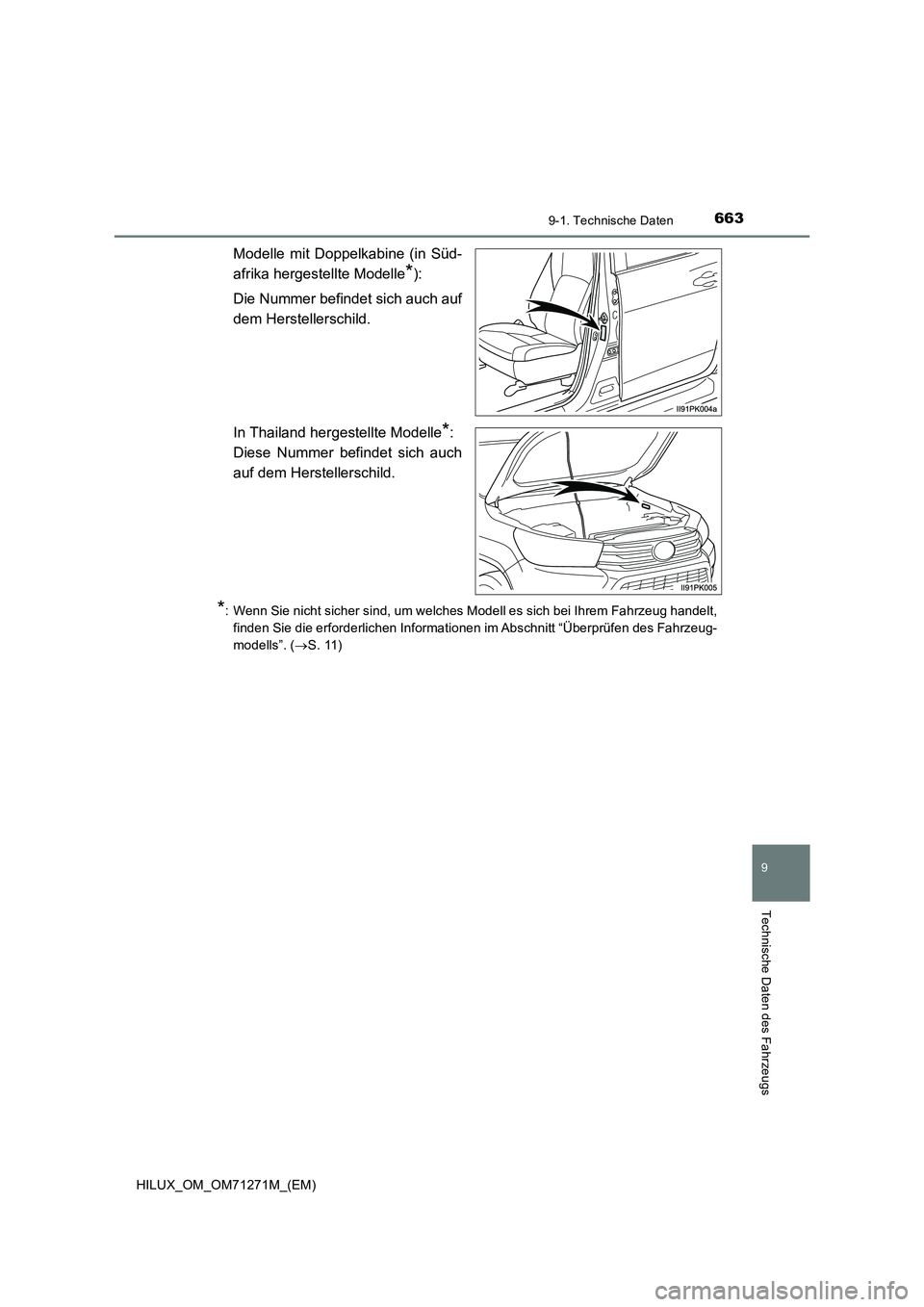 TOYOTA HILUX 2019  Betriebsanleitungen (in German) 663
9
9-1. Technische Daten
Technische Daten des Fahrzeugs
HILUX_OM_OM71271M_(EM)
Modelle mit Doppelkabine (in Süd-
afrika hergestellte Modelle
*):
Die Nummer befindet sich auch auf
dem Herstellersch