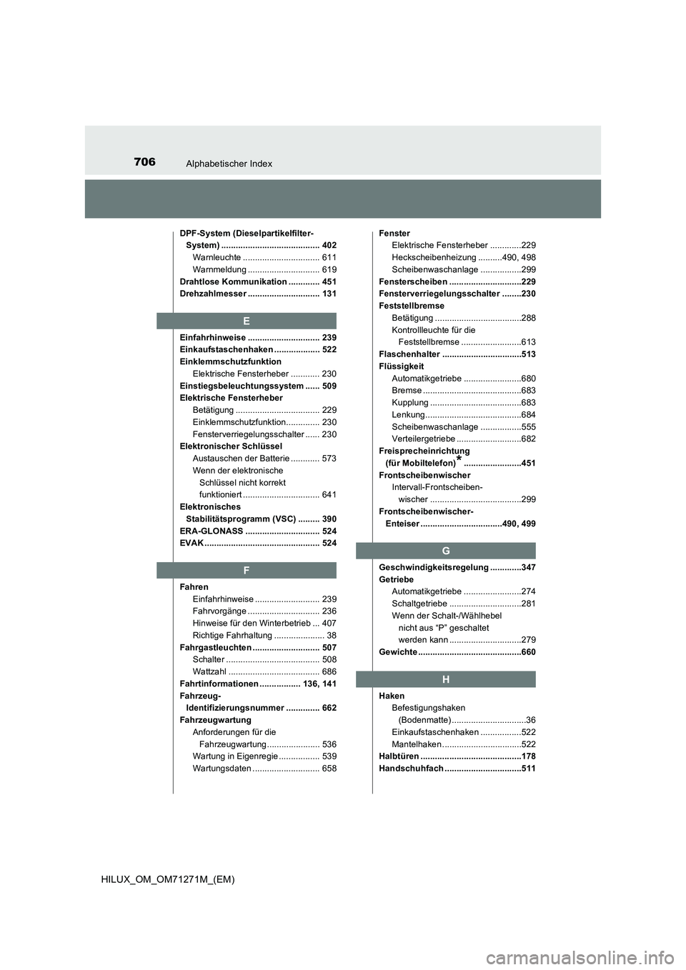 TOYOTA HILUX 2019  Betriebsanleitungen (in German) 706Alphabetischer Index
HILUX_OM_OM71271M_(EM)
DPF-System (Dieselpartikelfilter-
System) ......................................... 402
Warnleuchte ................................ 611
Warnmeldung ....