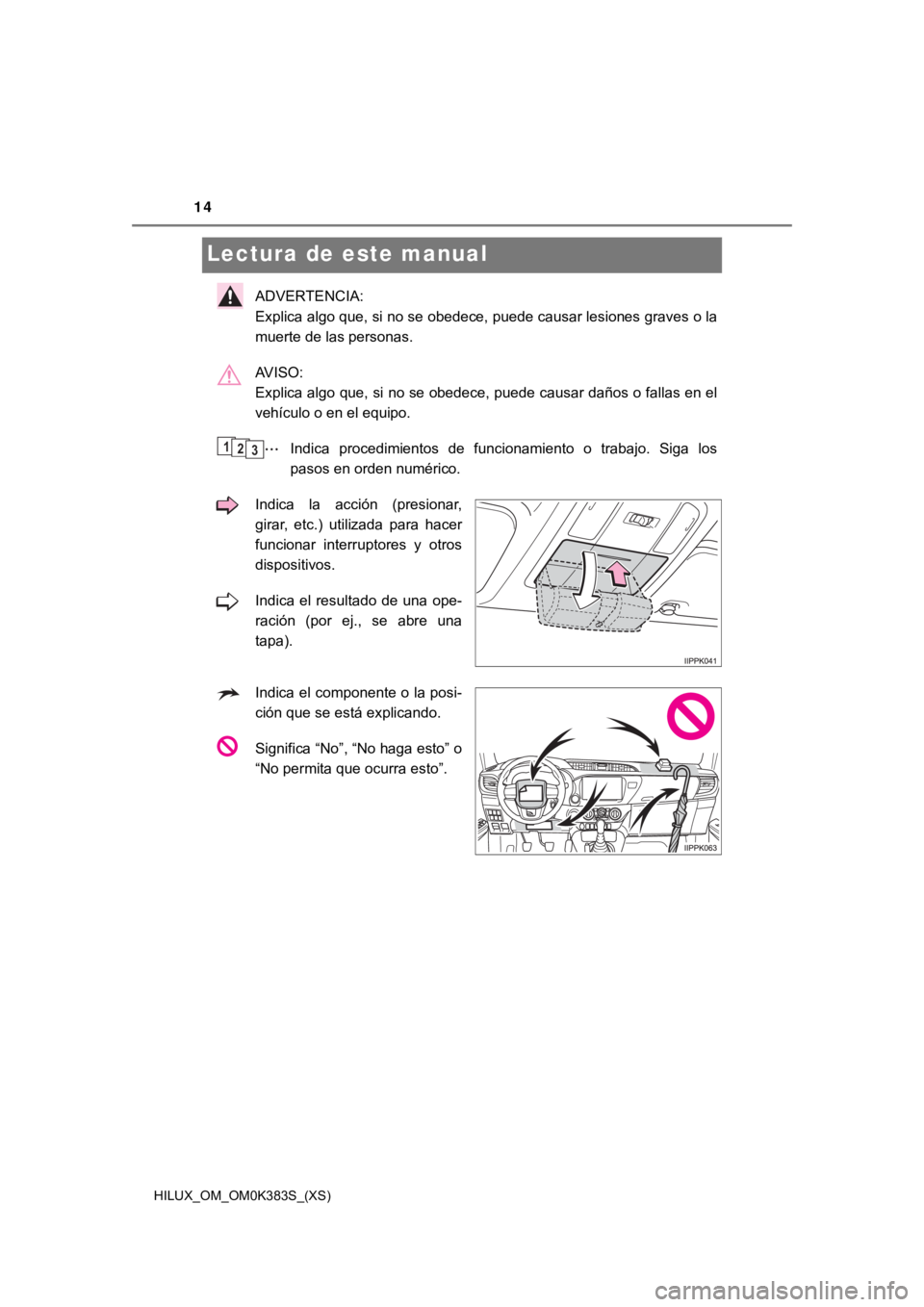 TOYOTA HILUX 2019  Manual del propietario (in Spanish) 14
HILUX_OM_OM0K383S_(XS)
Lectura de este manual
ADVERTENCIA: 
Explica algo que, si no se obedece, puede causar lesiones graves o la
muerte de las personas.
AVISO: 
Explica algo que, si no se obedece,
