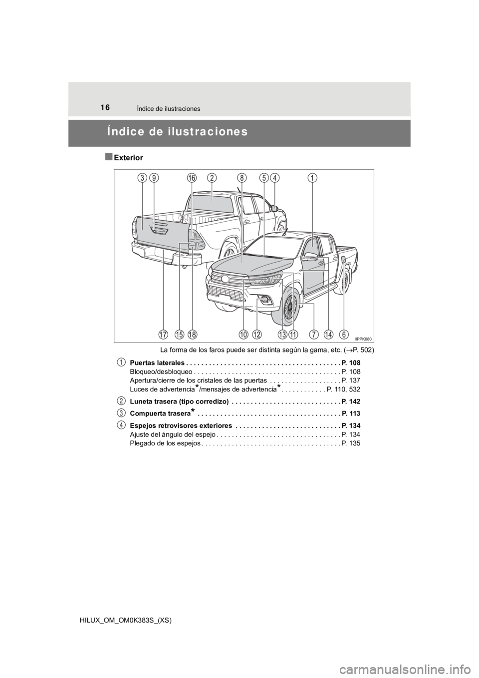 TOYOTA HILUX 2019 Manual del propietario (in Spanish) 16Índice de ilustraciones
HILUX_OM_OM0K383S_(XS)
Índice de ilustraciones
■Exterior
La forma de los faros puede ser distinta según la gama, etc. (P. 502)
Puertas laterales . . . . . . . . . . . TOYOTA HILUX 2019 Manual del propietario (in Spanish) 16Índice de ilustraciones
HILUX_OM_OM0K383S_(XS)
Índice de ilustraciones
■Exterior
La forma de los faros puede ser distinta según la gama, etc. (P. 502)
Puertas laterales . . . . . . . . . . .