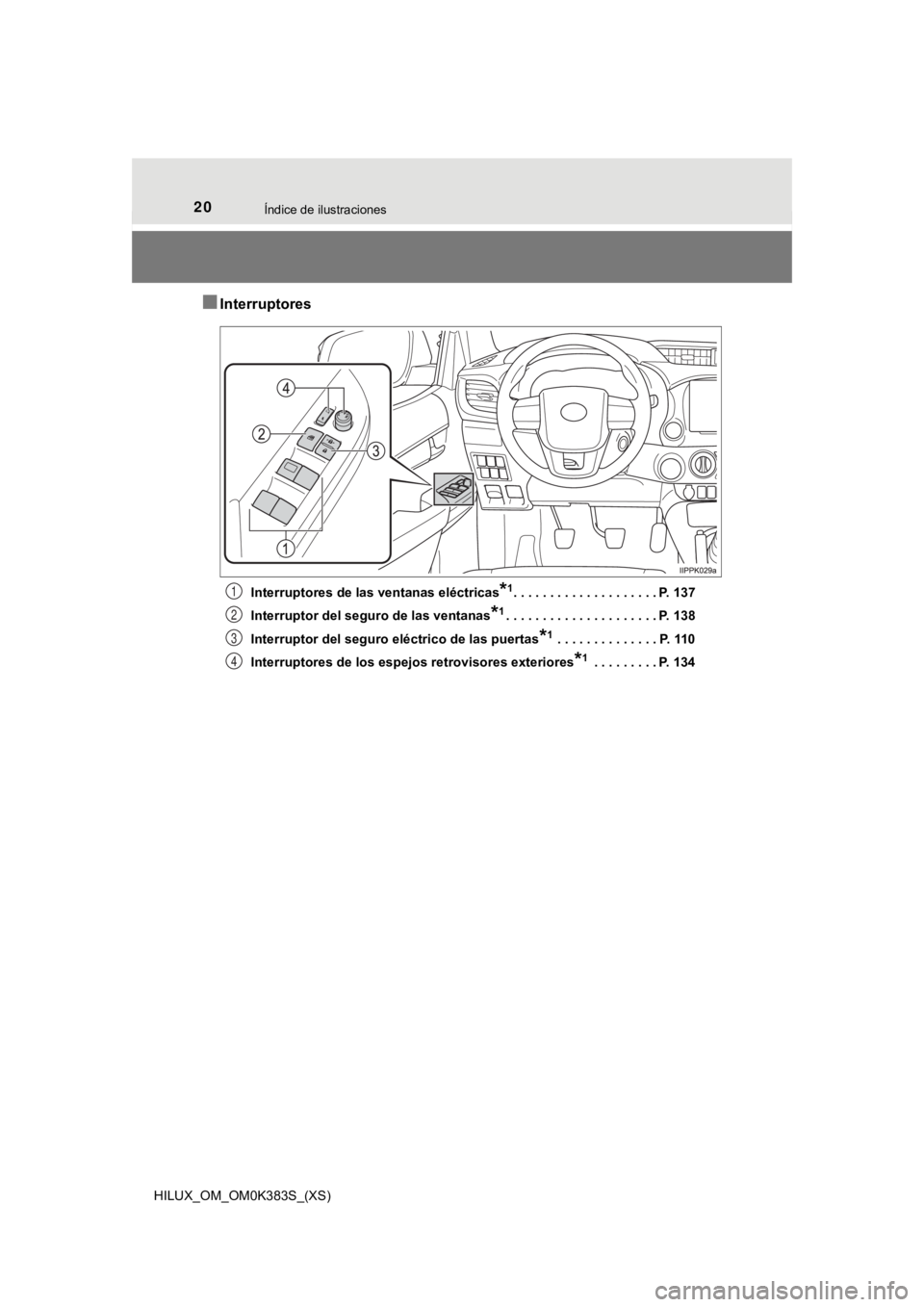 TOYOTA HILUX 2019  Manual del propietario (in Spanish) 20Índice de ilustraciones
HILUX_OM_OM0K383S_(XS)
■Interruptores
Interruptores de las ventanas eléctricas*1. . . . . . . . . . . . . . . . . . . . P. 137
Interruptor del seguro de las ventanas
*1. 