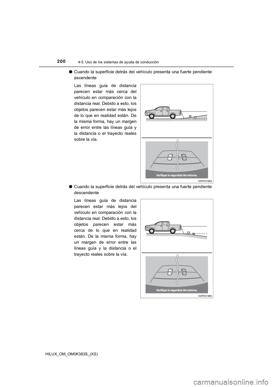 TOYOTA HILUX 2019  Manual del propietario (in Spanish) 200
HILUX_OM_OM0K383S_(XS)
4-5. Uso de los sistemas de ayuda de conducción
●Cuando la superficie detrás del vehículo presenta una fuerte pendiente
ascendente
Las  líneas  guía  de  distancia
pa