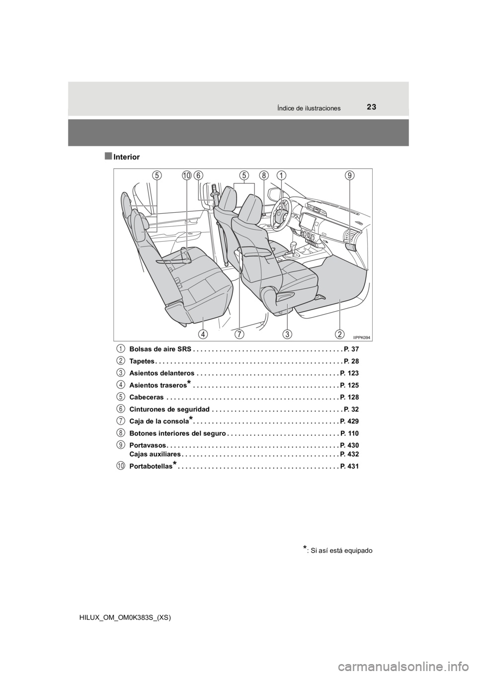 TOYOTA HILUX 2019 Manual del propietario (in Spanish) 23Índice de ilustraciones
HILUX_OM_OM0K383S_(XS)
■Interior
Bolsas de aire SRS . . . . . . . . . . . . . . . . . . . . . . . . . . . . . . . . . . . . . . . . P. 37
Tapetes . . . . . . . . . . . . . TOYOTA HILUX 2019 Manual del propietario (in Spanish) 23Índice de ilustraciones
HILUX_OM_OM0K383S_(XS)
■Interior
Bolsas de aire SRS . . . . . . . . . . . . . . . . . . . . . . . . . . . . . . . . . . . . . . . . P. 37
Tapetes . . . . . . . . . . . . .