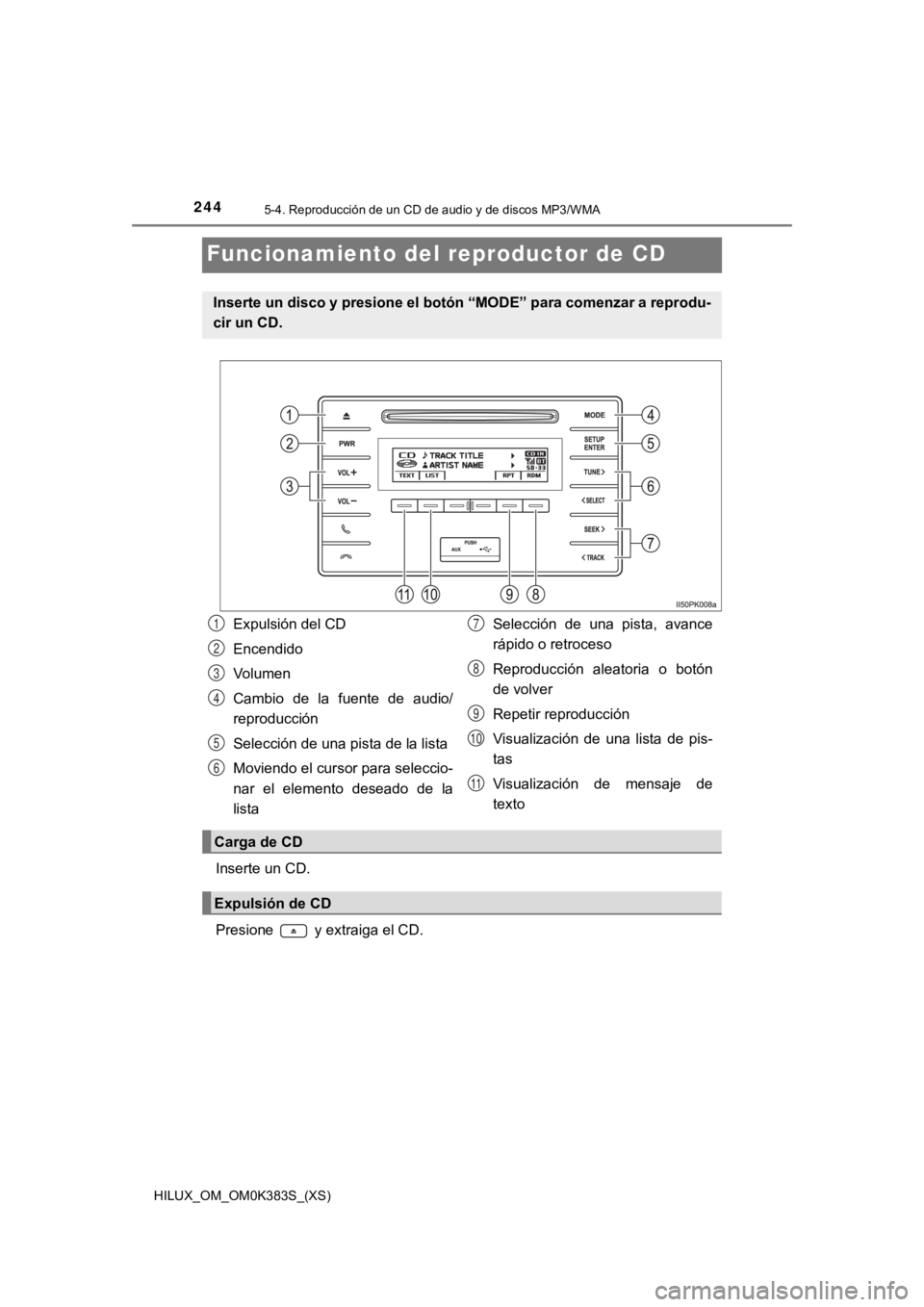 TOYOTA HILUX 2019  Manual del propietario (in Spanish) 244
HILUX_OM_OM0K383S_(XS)
5-4. Reproducción de un CD de audio y de discos MP3/WMA
Funcionamiento del reproductor de CD
Inserte un CD.
Presione   y extraiga el CD.
Inserte un disco y presione el bot