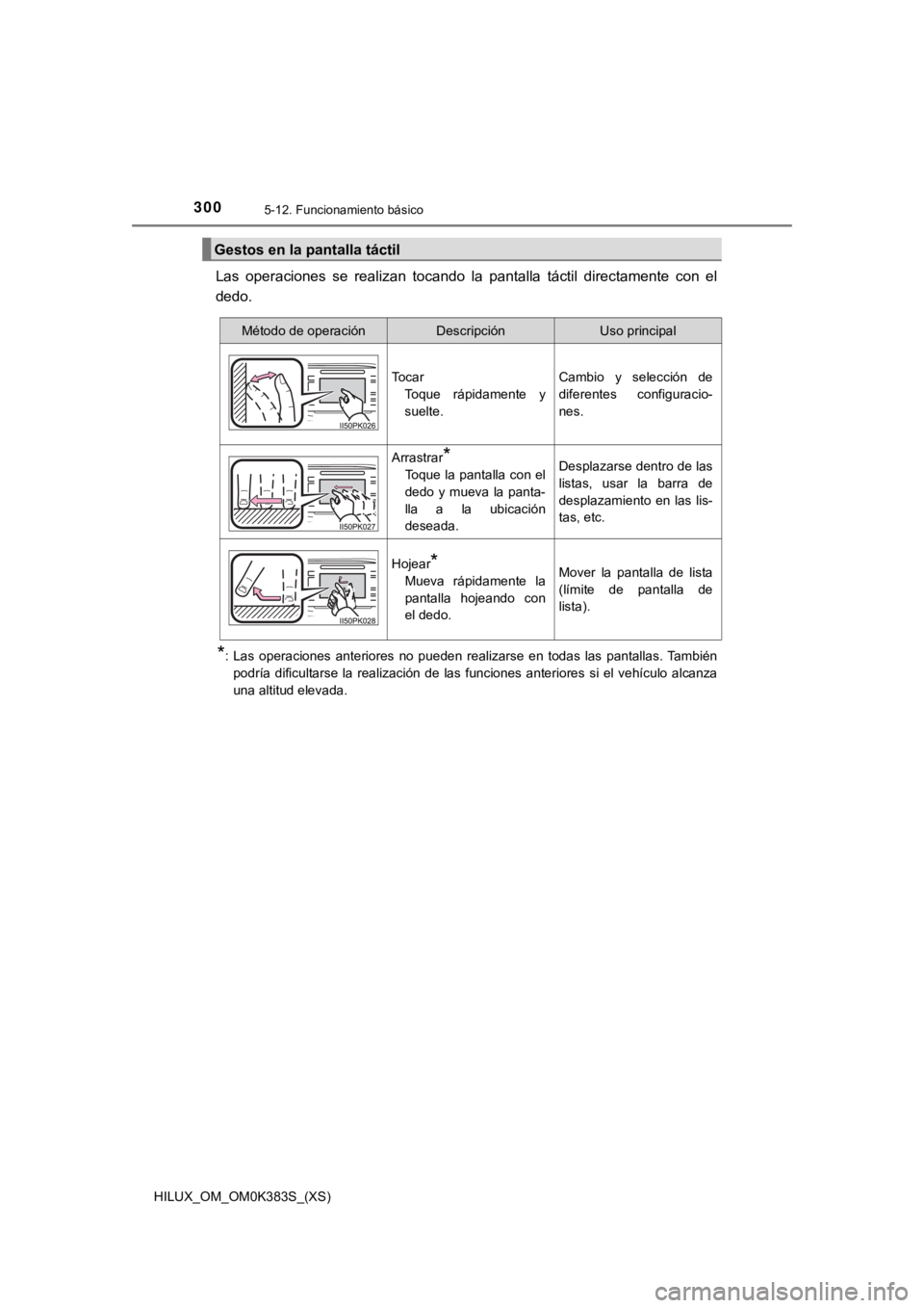 TOYOTA HILUX 2019  Manual del propietario (in Spanish) 300
HILUX_OM_OM0K383S_(XS)
5-12. Funcionamiento básico
Las  operaciones  se  realizan  tocando  la  pantalla  táctil  directamente  con  el
dedo.
*: Las  operaciones  anteriores  no  pueden  realiza