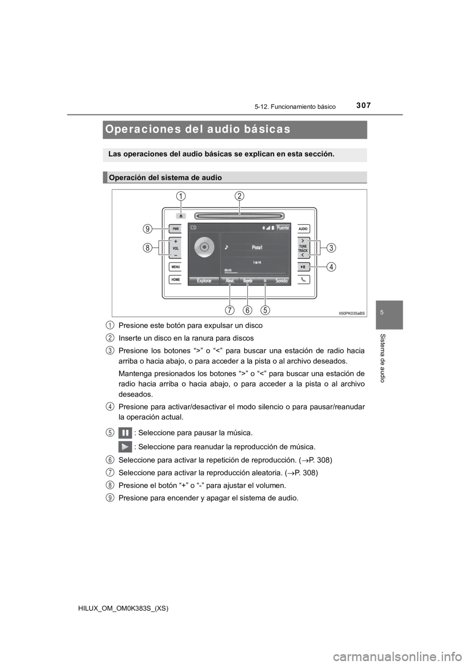 TOYOTA HILUX 2019 Manual del propietario (in Spanish) 307
HILUX_OM_OM0K383S_(XS)
5-12. Funcionamiento básico
5
Sistema de audio
Operaciones del audio básicas
Presione este botón para expulsar un disco
Inserte un disco en la ranura para discos
Presione TOYOTA HILUX 2019 Manual del propietario (in Spanish) 307
HILUX_OM_OM0K383S_(XS)
5-12. Funcionamiento básico
5
Sistema de audio
Operaciones del audio básicas
Presione este botón para expulsar un disco
Inserte un disco en la ranura para discos
Presione