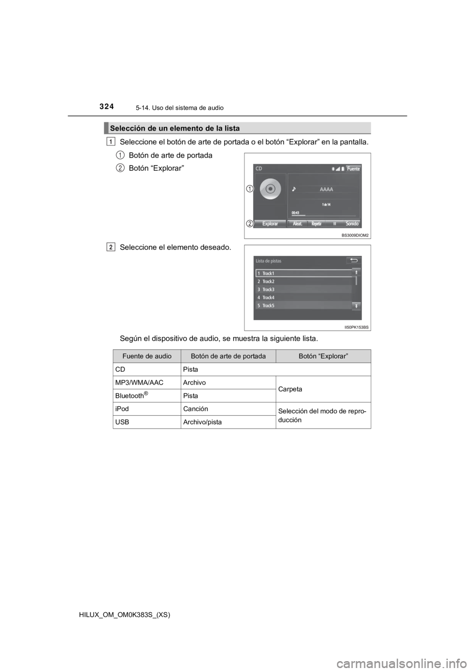 TOYOTA HILUX 2019  Manual del propietario (in Spanish) 324
HILUX_OM_OM0K383S_(XS)
5-14. Uso del sistema de audio
Seleccione el botón de arte de portada o el botón “Explorar” en la pantalla.
Botón de arte de portada
Botón “Explorar”
Seleccione 
