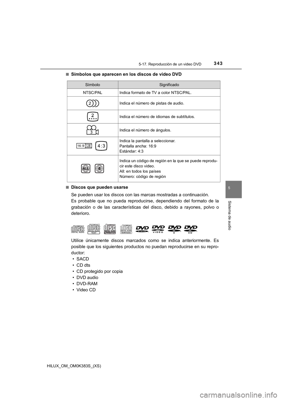 TOYOTA HILUX 2019  Manual del propietario (in Spanish) HILUX_OM_OM0K383S_(XS)
3435-17. Reproducción de un video DVD
5
Sistema de audio
■Símbolos que aparecen en los discos de video DVD
■Discos que pueden usarse
Se pueden usar los discos con las marc
