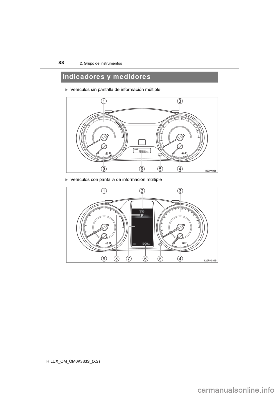 TOYOTA HILUX 2019  Manual del propietario (in Spanish) 88
HILUX_OM_OM0K383S_(XS)
2. Grupo de instrumentos
Indicadores y medidores
Vehículos sin pantalla de información múltiple
Vehículos con pantalla de información múltiple 