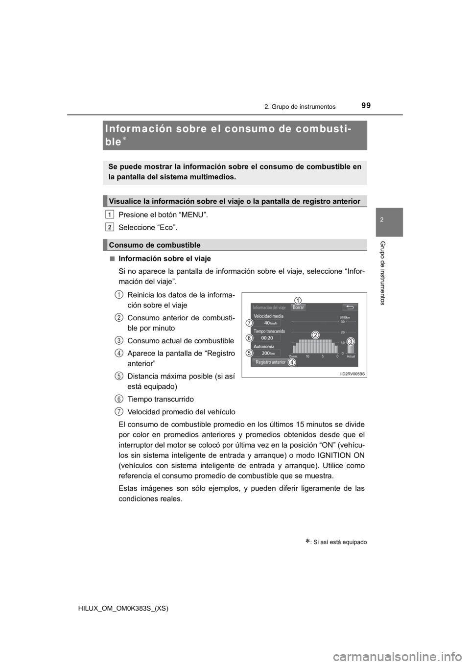 TOYOTA HILUX 2019 Manual del propietario (in Spanish) 99
HILUX_OM_OM0K383S_(XS)
2. Grupo de instrumentos
2
Grupo de instrumentos
Infor mación sobre el consumo de combusti-
ble
Presione el botón “MENU”.
Seleccione “Eco”.
■Información sobr TOYOTA HILUX 2019 Manual del propietario (in Spanish) 99
HILUX_OM_OM0K383S_(XS)
2. Grupo de instrumentos
2
Grupo de instrumentos
Infor mación sobre el consumo de combusti-
ble
Presione el botón “MENU”.
Seleccione “Eco”.
■Información sobr