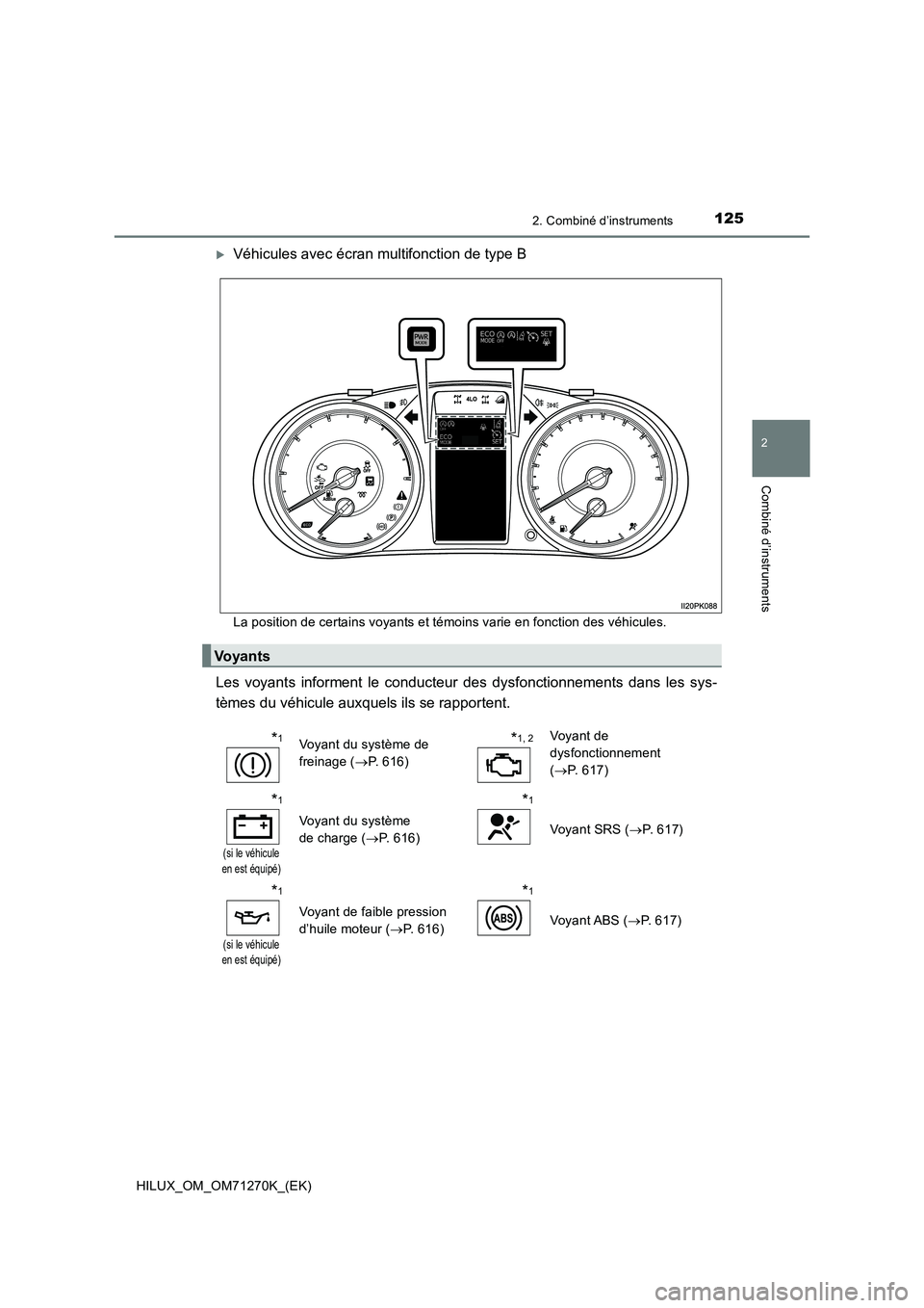 TOYOTA HILUX 2019  Manuel du propriétaire (in French) 1252. Combiné d’instruments
2
Combiné d’instruments
HILUX_OM_OM71270K_(EK)
Véhicules avec écran multifonction de type B
La position de certains voyants et témoins varie en fonction des vé