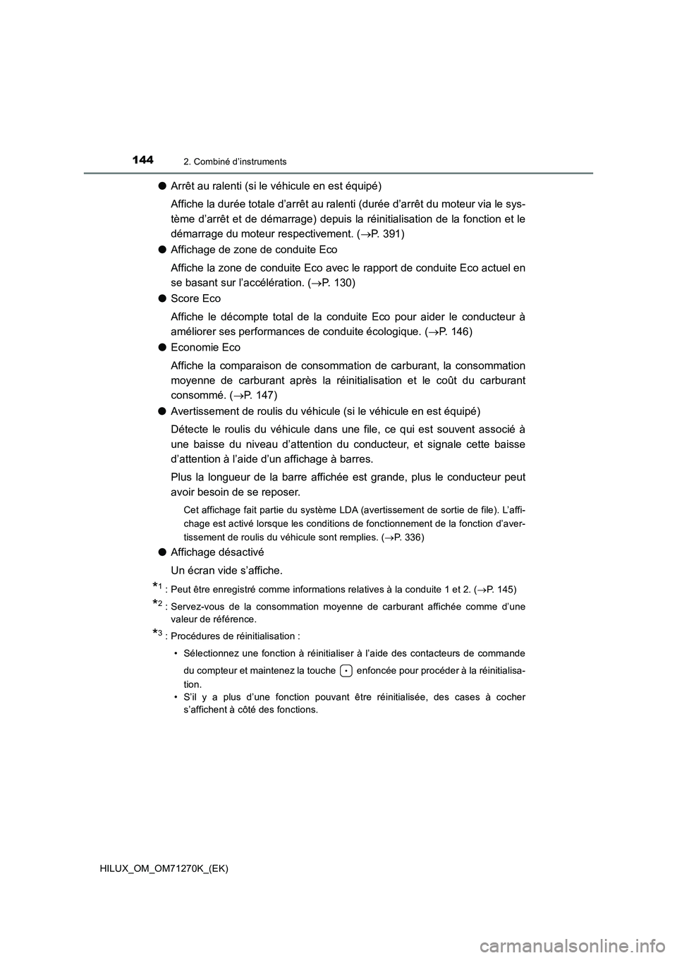 TOYOTA HILUX 2019 Manuel du propriétaire (in French) 1442. Combiné d’instruments
HILUX_OM_OM71270K_(EK)
●Arrêt au ralenti (si le véhicule en est équipé)
Affiche la durée totale d’arrêt au ralenti (durée d’arrêt du moteur via le sys-
tè TOYOTA HILUX 2019 Manuel du propriétaire (in French) 1442. Combiné d’instruments
HILUX_OM_OM71270K_(EK)
●Arrêt au ralenti (si le véhicule en est équipé)
Affiche la durée totale d’arrêt au ralenti (durée d’arrêt du moteur via le sys-
tè